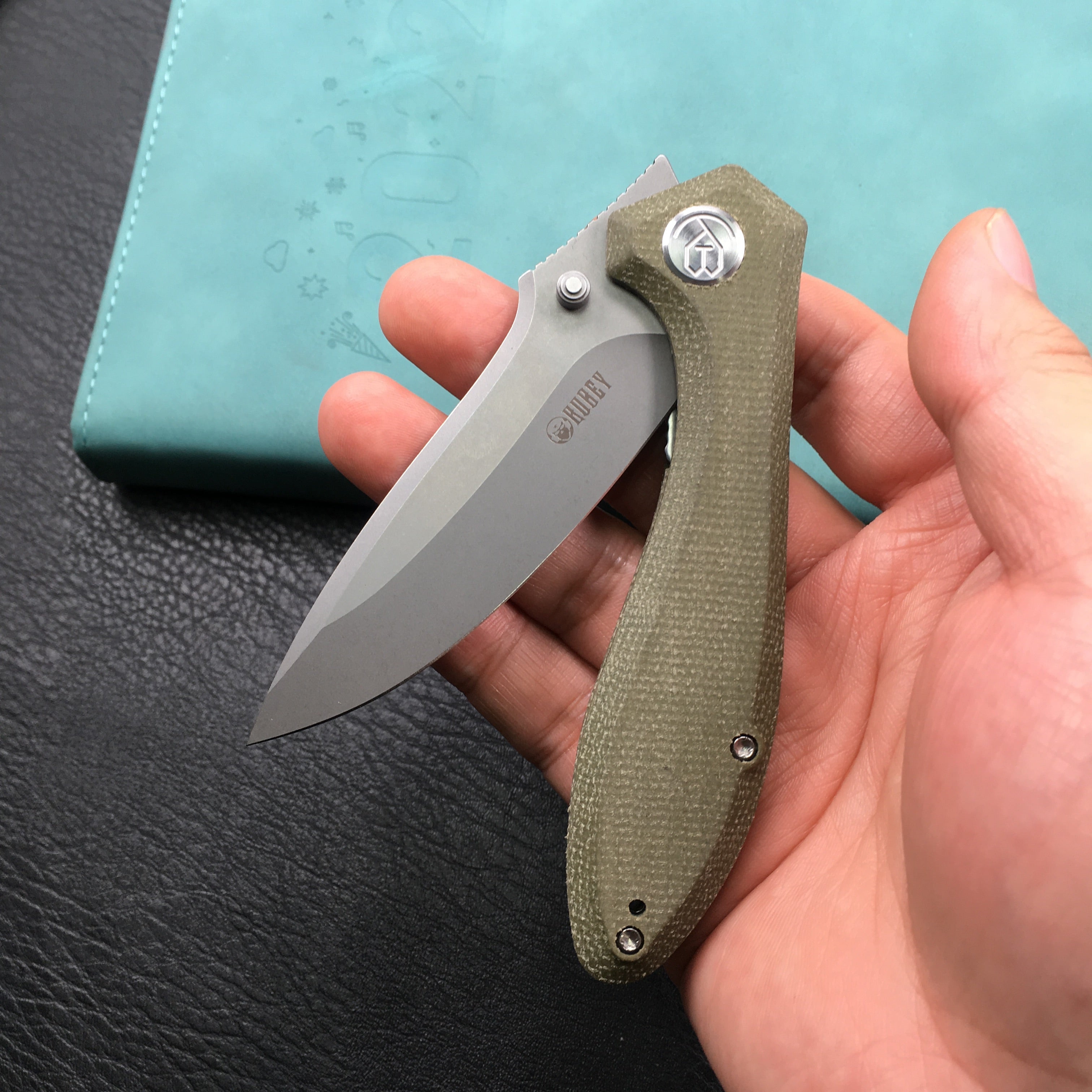 KUBEY KU314E Ruckus Liner Lock Folding Knife Green Micarta Handle 3.31" Blasted Stonewashed AUS-10