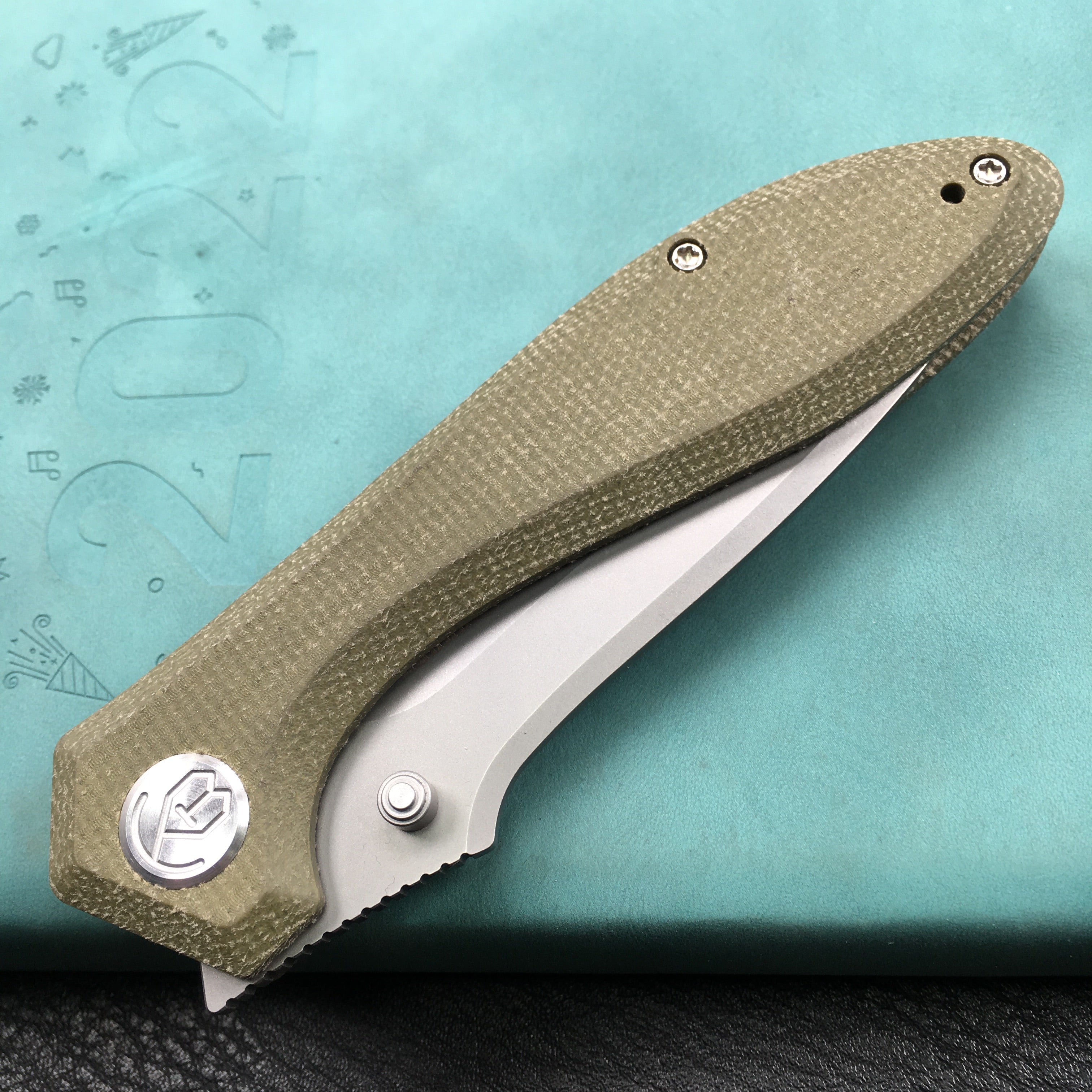 KUBEY KU314E Ruckus Liner Lock Folding Knife Green Micarta Handle 3.31" Blasted Stonewashed AUS-10