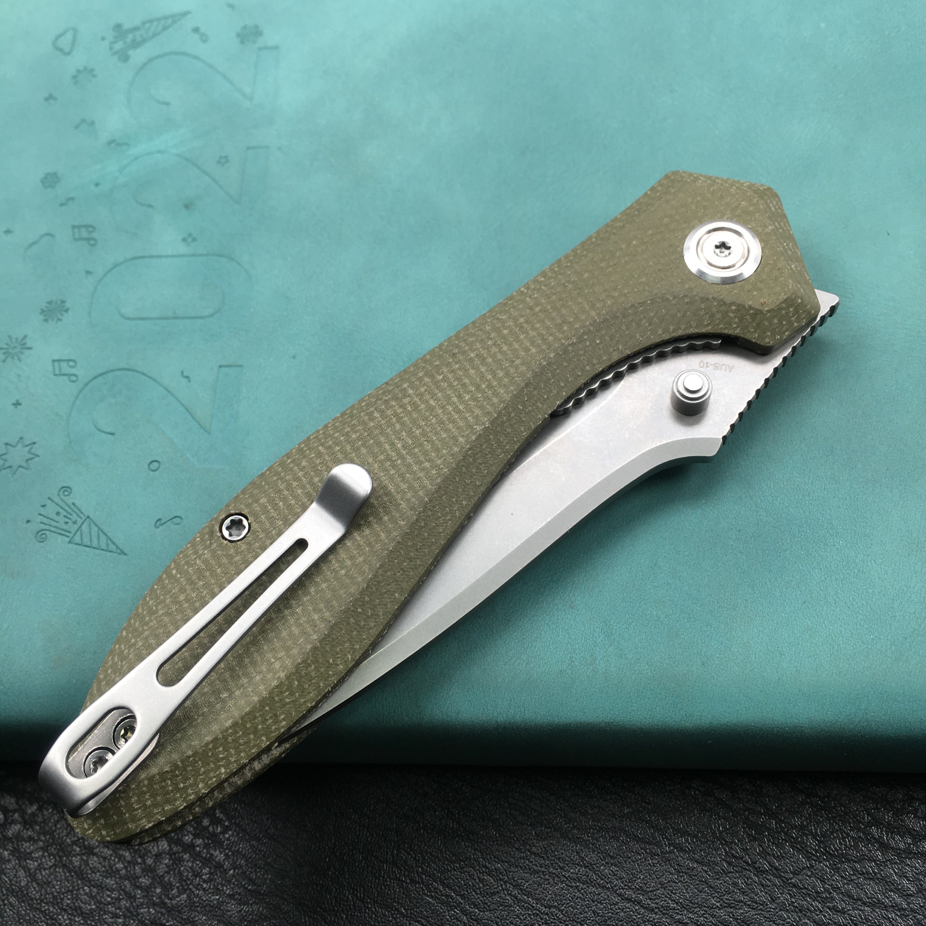 KUBEY KU314E Ruckus Liner Lock Folding Knife Green Micarta Handle 3.31" Blasted Stonewashed AUS-10