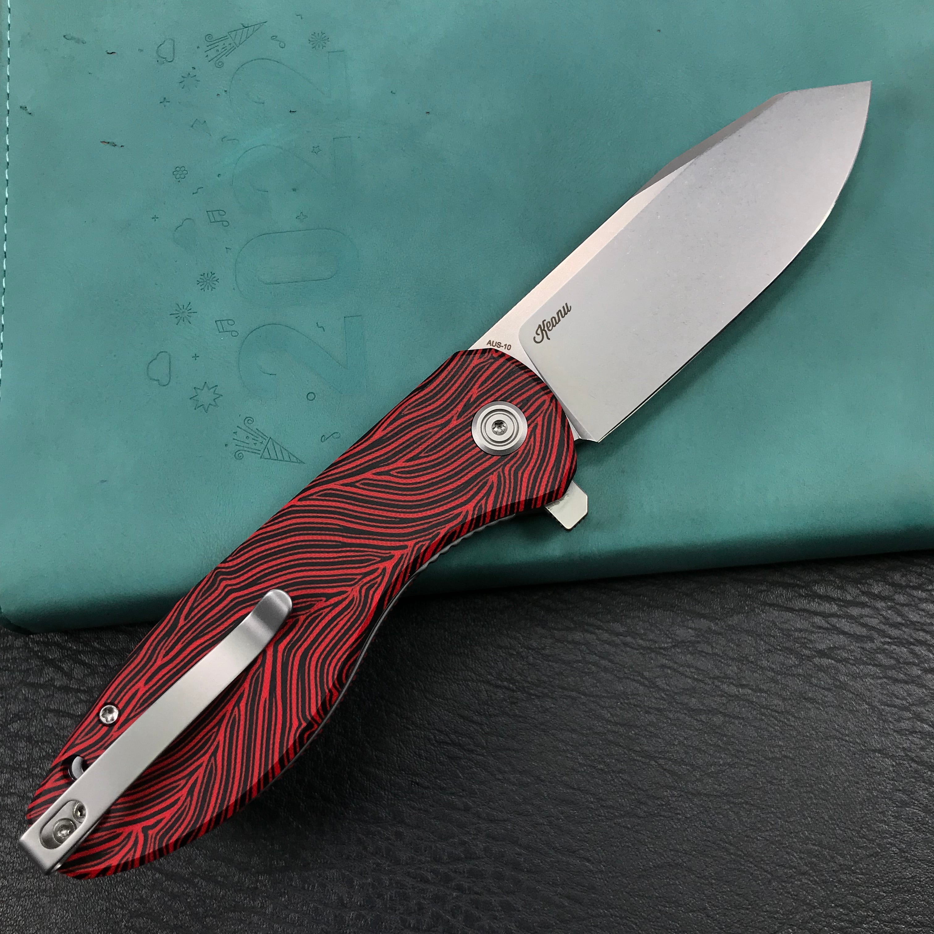 KUBEY KU358J Master Chief Outdor Folding Pocket Knife Black &  red G10 Handle  3.43" Blasted Stonewashed AUS-10