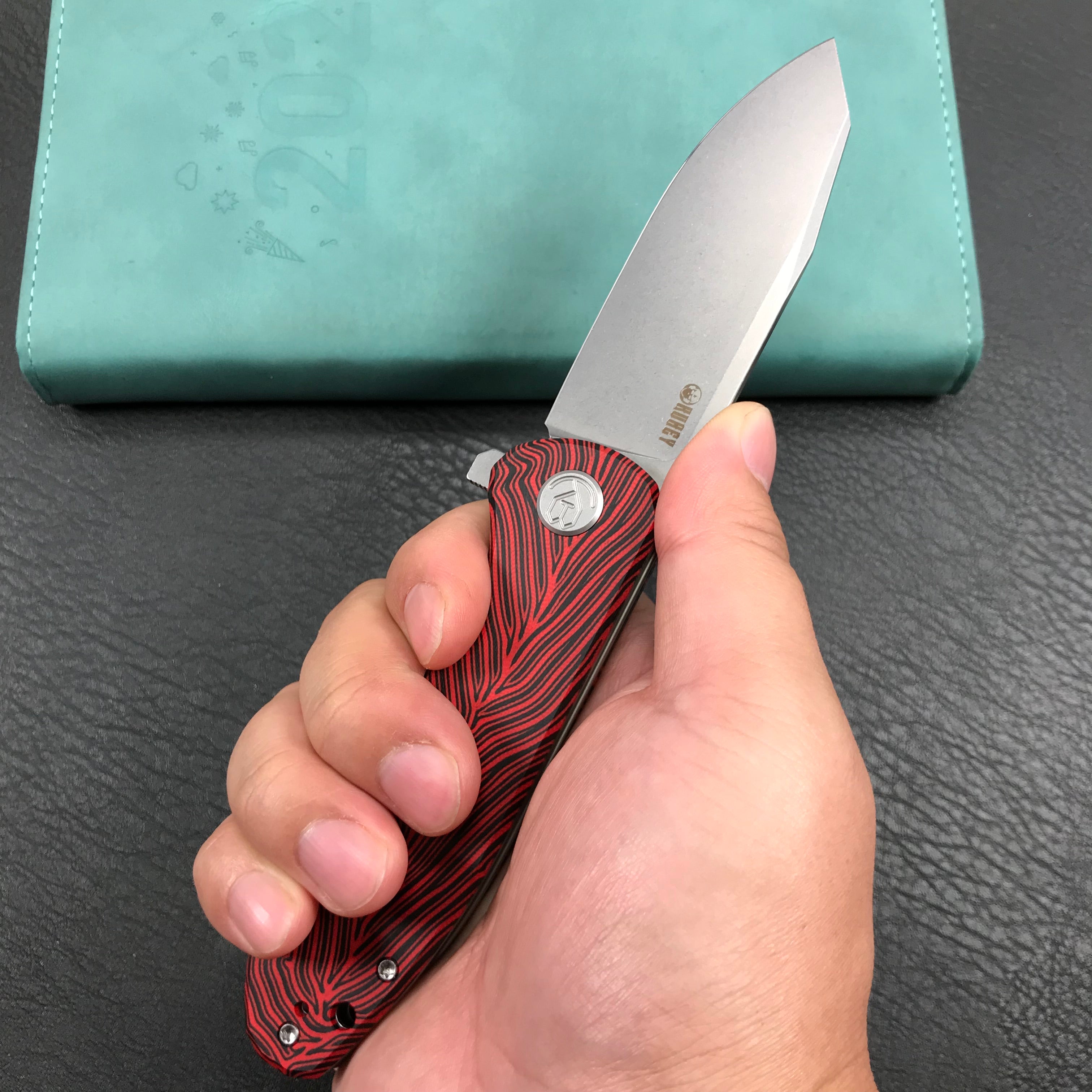 KUBEY KU358J Master Chief Outdor Folding Pocket Knife Black &  red G10 Handle  3.43" Blasted Stonewashed AUS-10