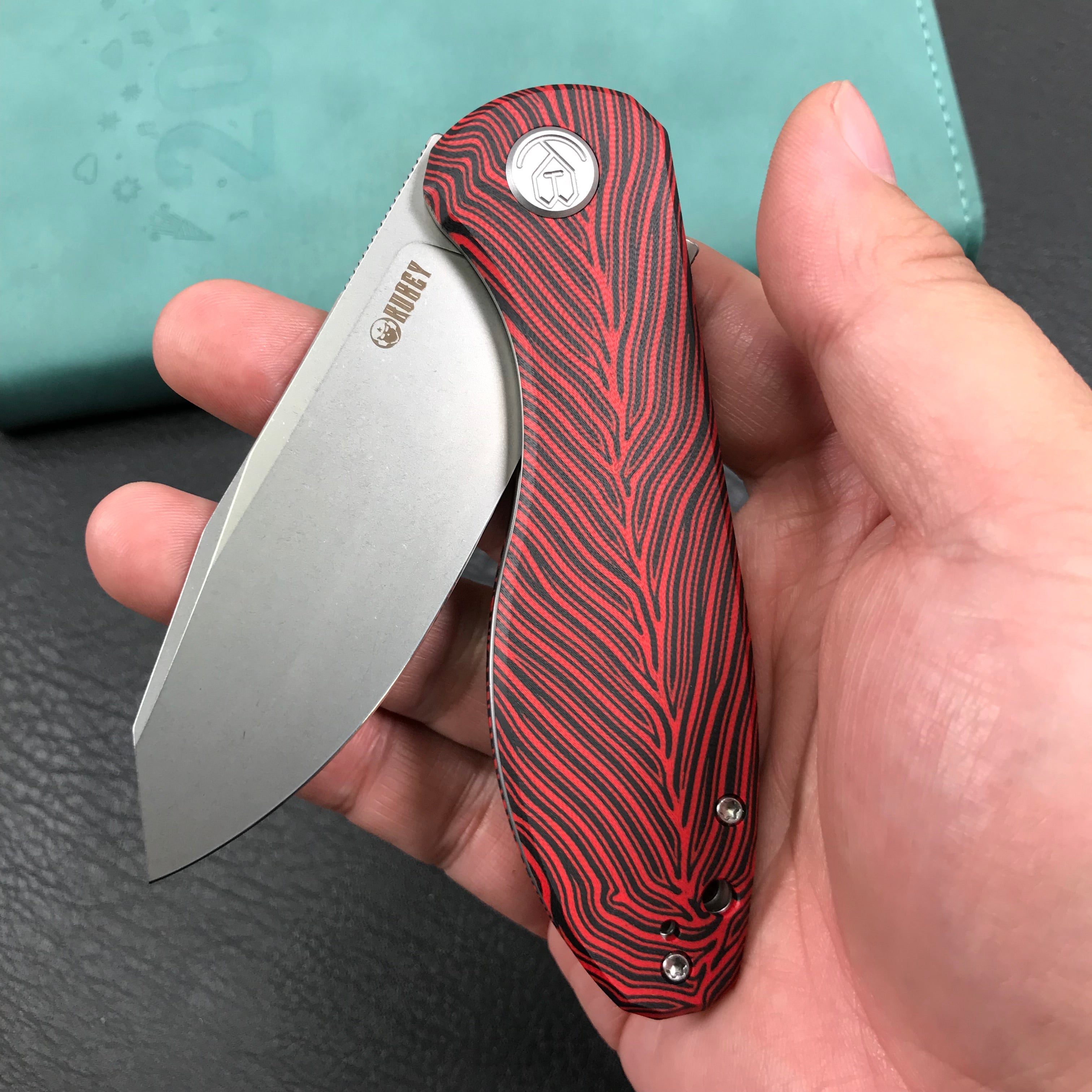 KUBEY KU358J Master Chief Outdor Folding Pocket Knife Black &  red G10 Handle  3.43" Blasted Stonewashed AUS-10