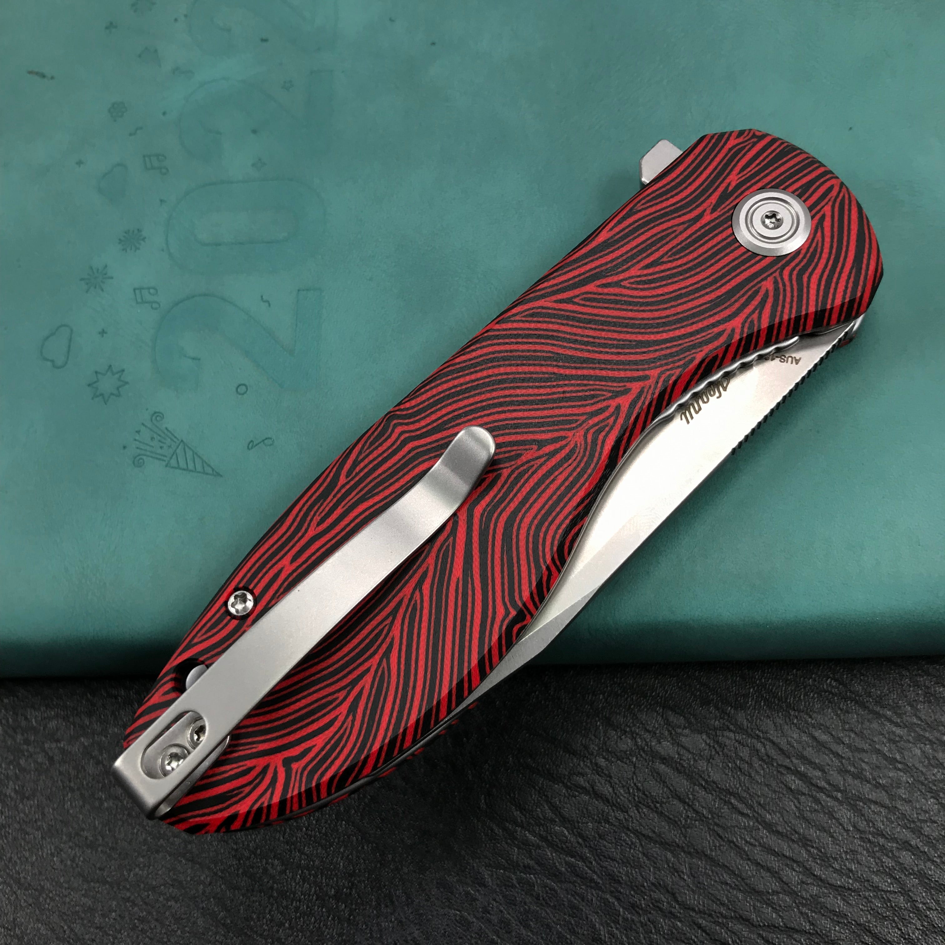 KUBEY KU358J Master Chief Outdor Folding Pocket Knife Black &  red G10 Handle  3.43" Blasted Stonewashed AUS-10