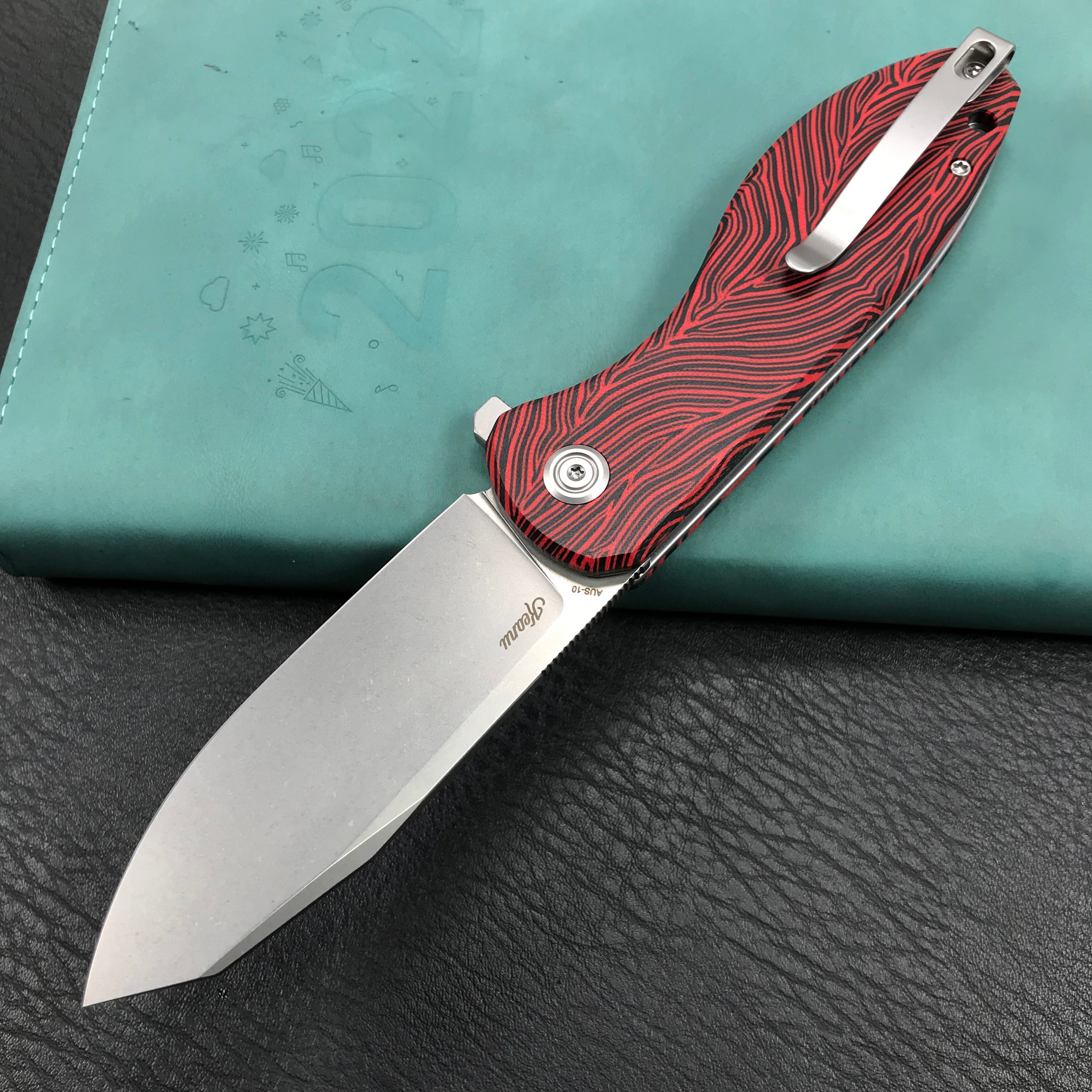 KUBEY KU358J Master Chief Outdor Folding Pocket Knife Black &  red G10 Handle  3.43" Blasted Stonewashed AUS-10