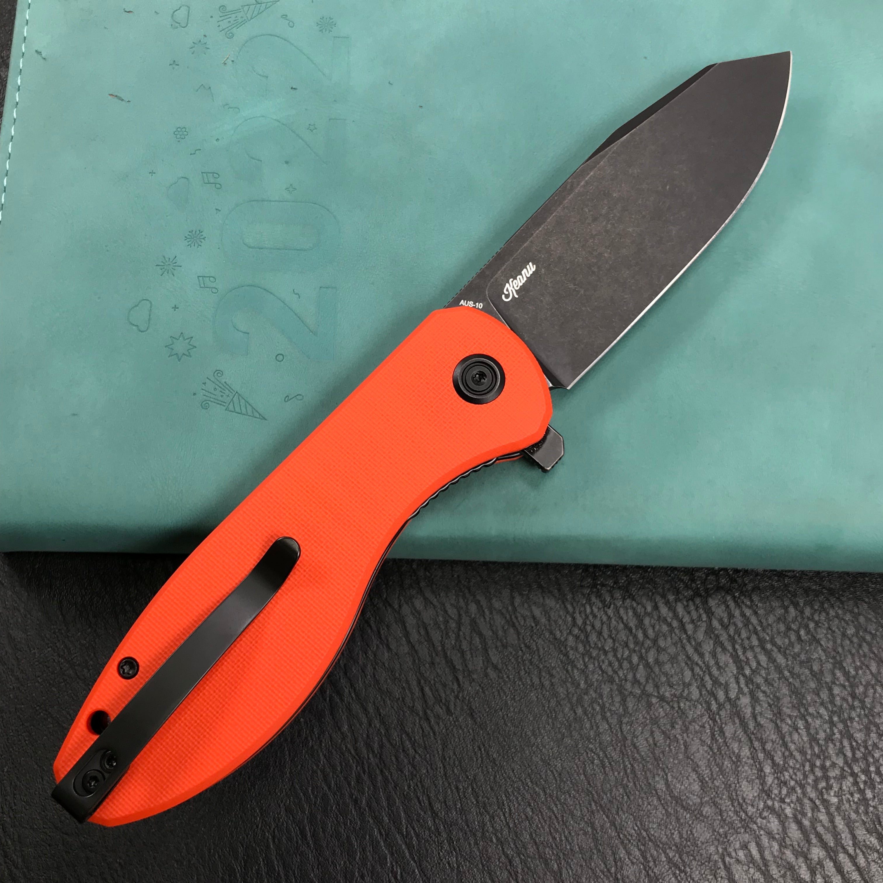 KUBEY KU358E Master Chief Outdor Folding Pocket Knife  Orange  G10 Handle  3.43" Black Stonewashe  AUS-10