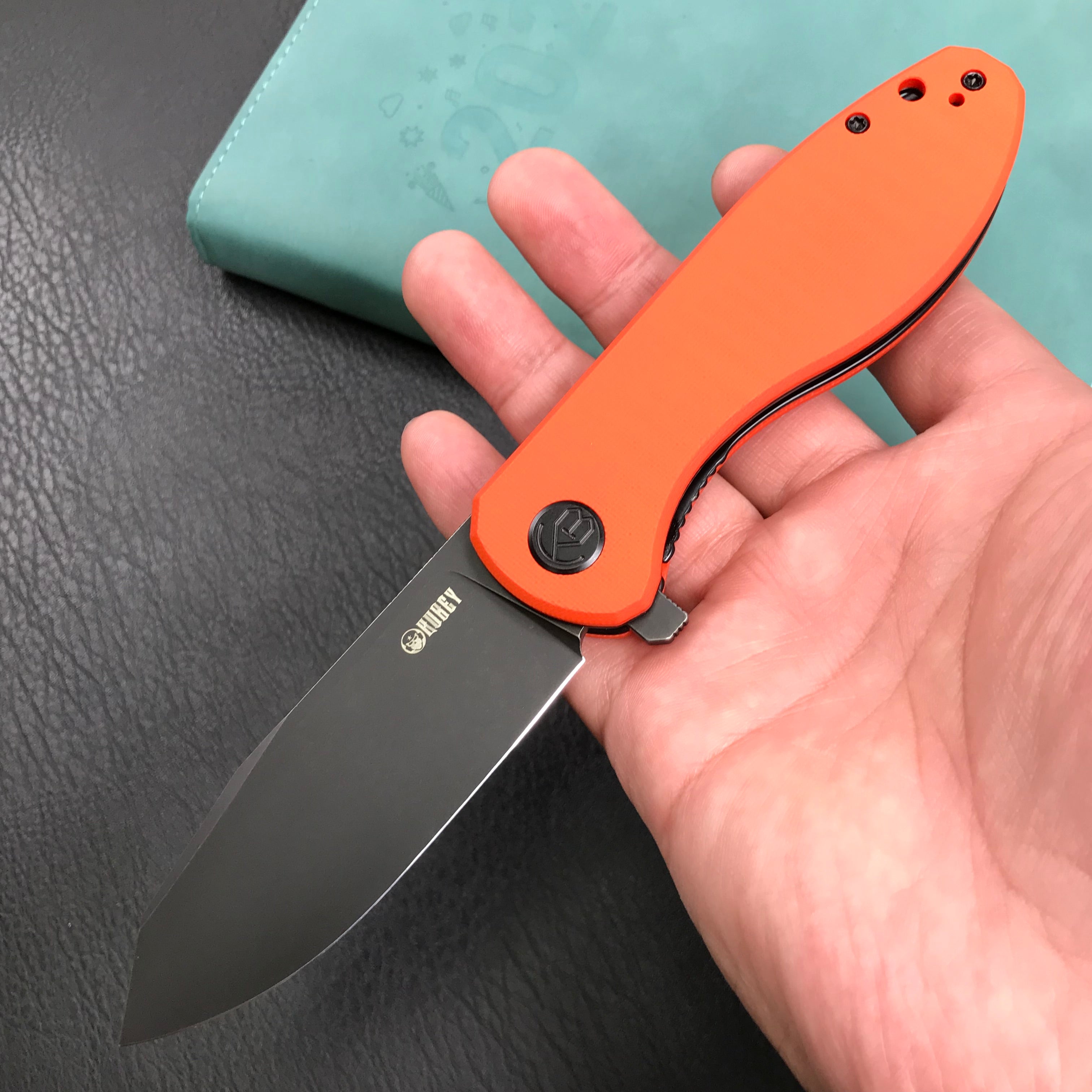 KUBEY KU358E Master Chief Outdor Folding Pocket Knife  Orange  G10 Handle  3.43" Black Stonewashe  AUS-10