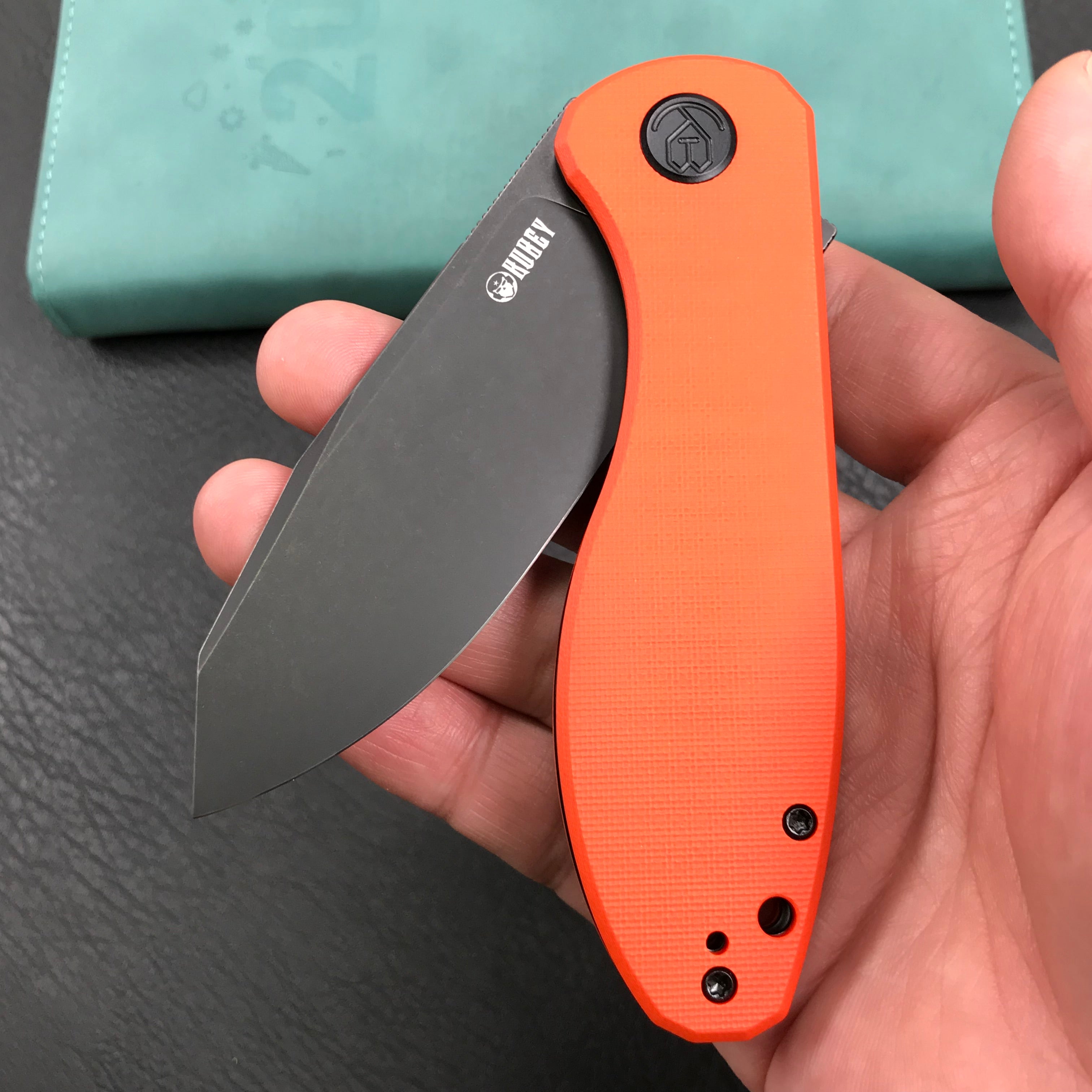 KUBEY KU358E Master Chief Outdor Folding Pocket Knife  Orange  G10 Handle  3.43" Black Stonewashe  AUS-10