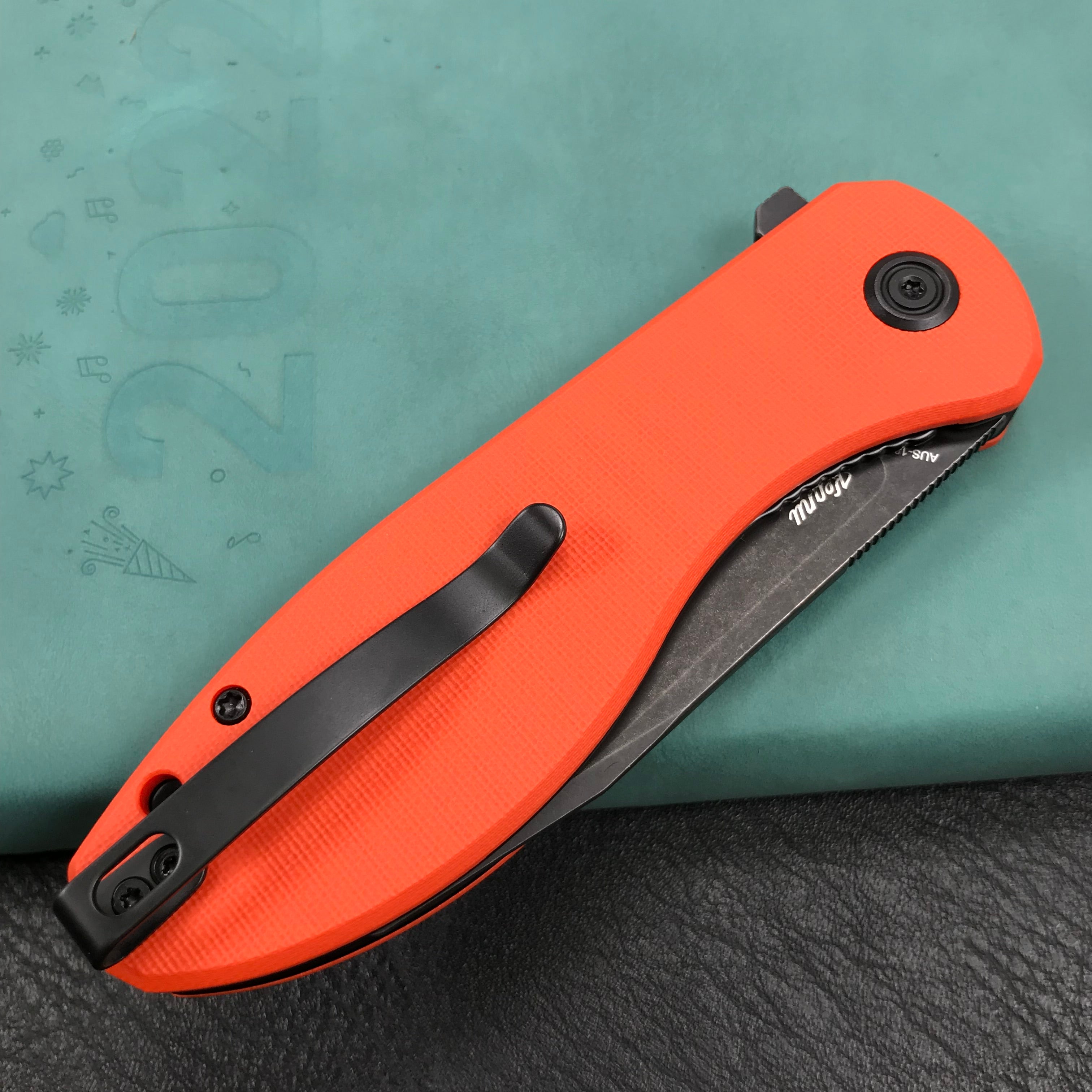 KUBEY KU358E Master Chief Outdor Folding Pocket Knife  Orange  G10 Handle  3.43" Black Stonewashe  AUS-10