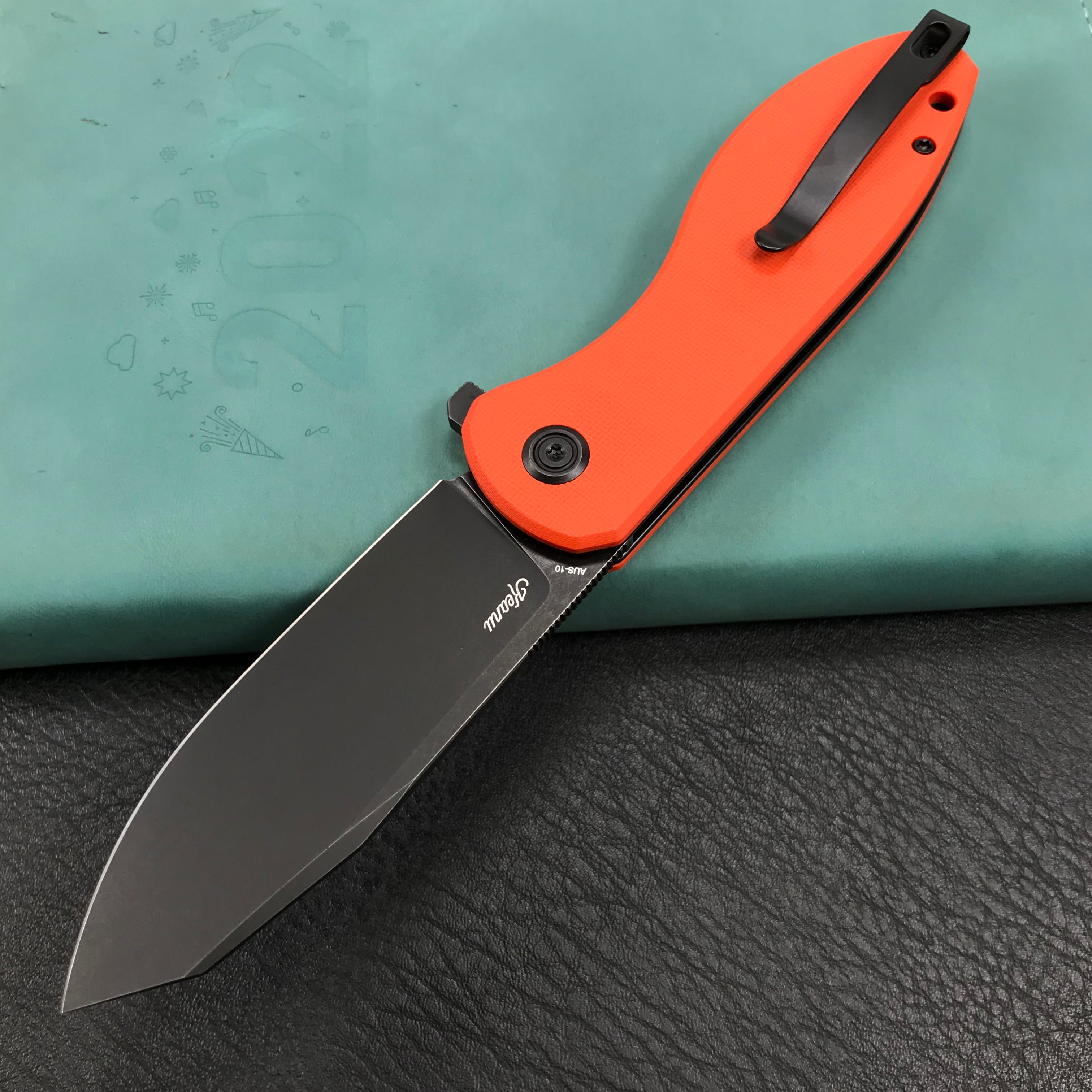 KUBEY KU358E Master Chief Outdor Folding Pocket Knife  Orange  G10 Handle  3.43" Black Stonewashe  AUS-10