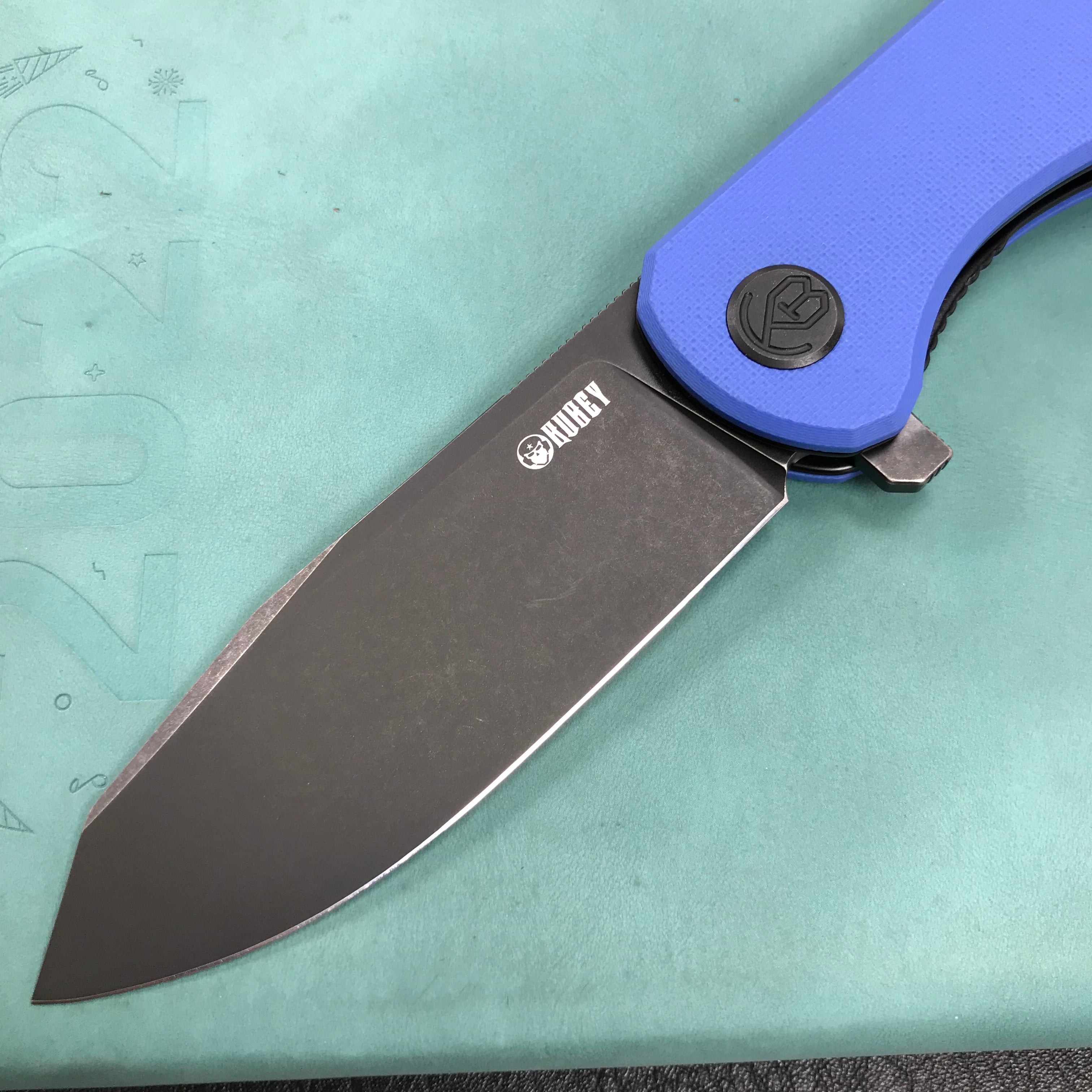 KUBEY KU358G Master Chief Outdor Folding Pocket Knife blue G10 Handle  3.43" Black Stonewashe  AUS-10