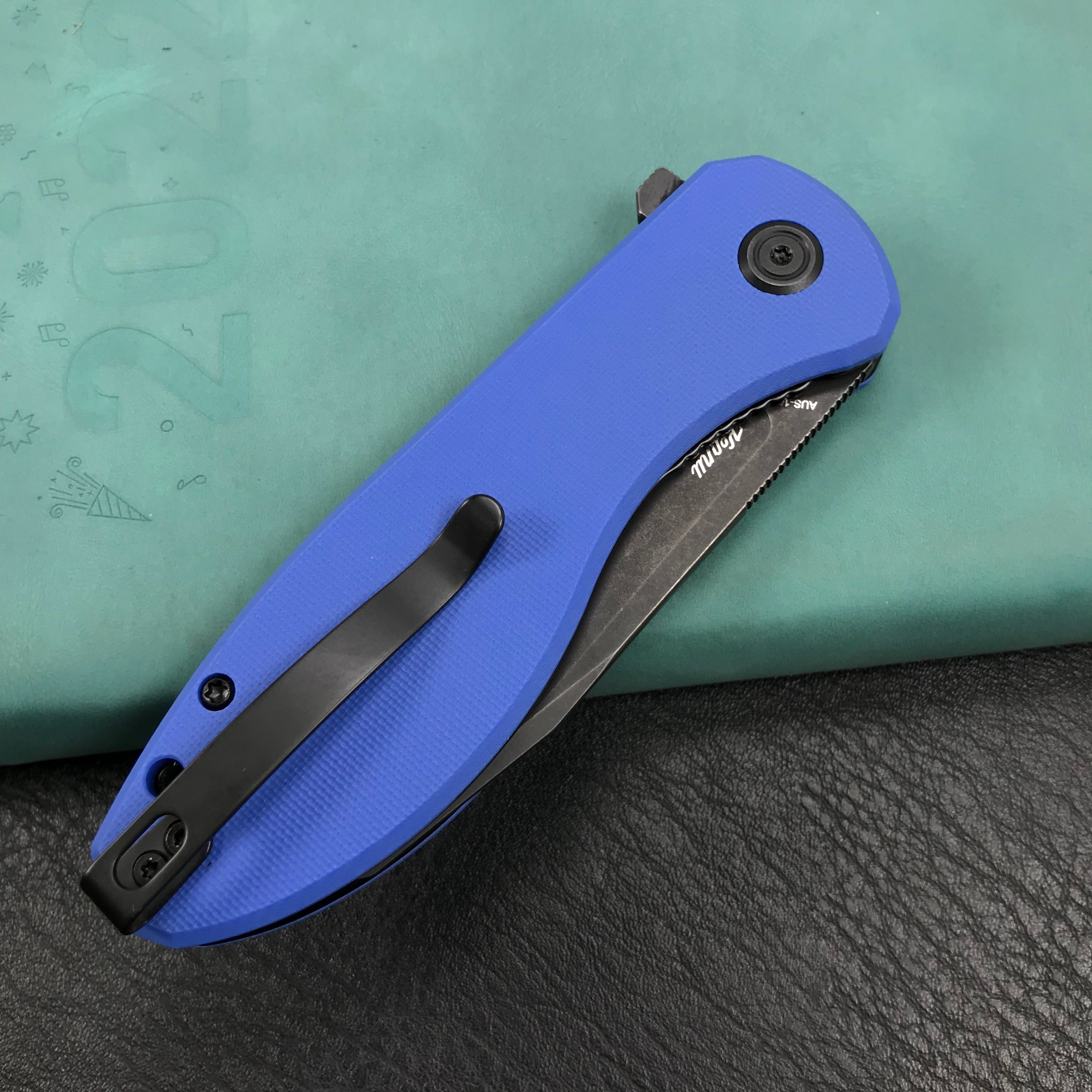 KUBEY KU358G Master Chief Outdor Folding Pocket Knife blue G10 Handle  3.43" Black Stonewashe  AUS-10