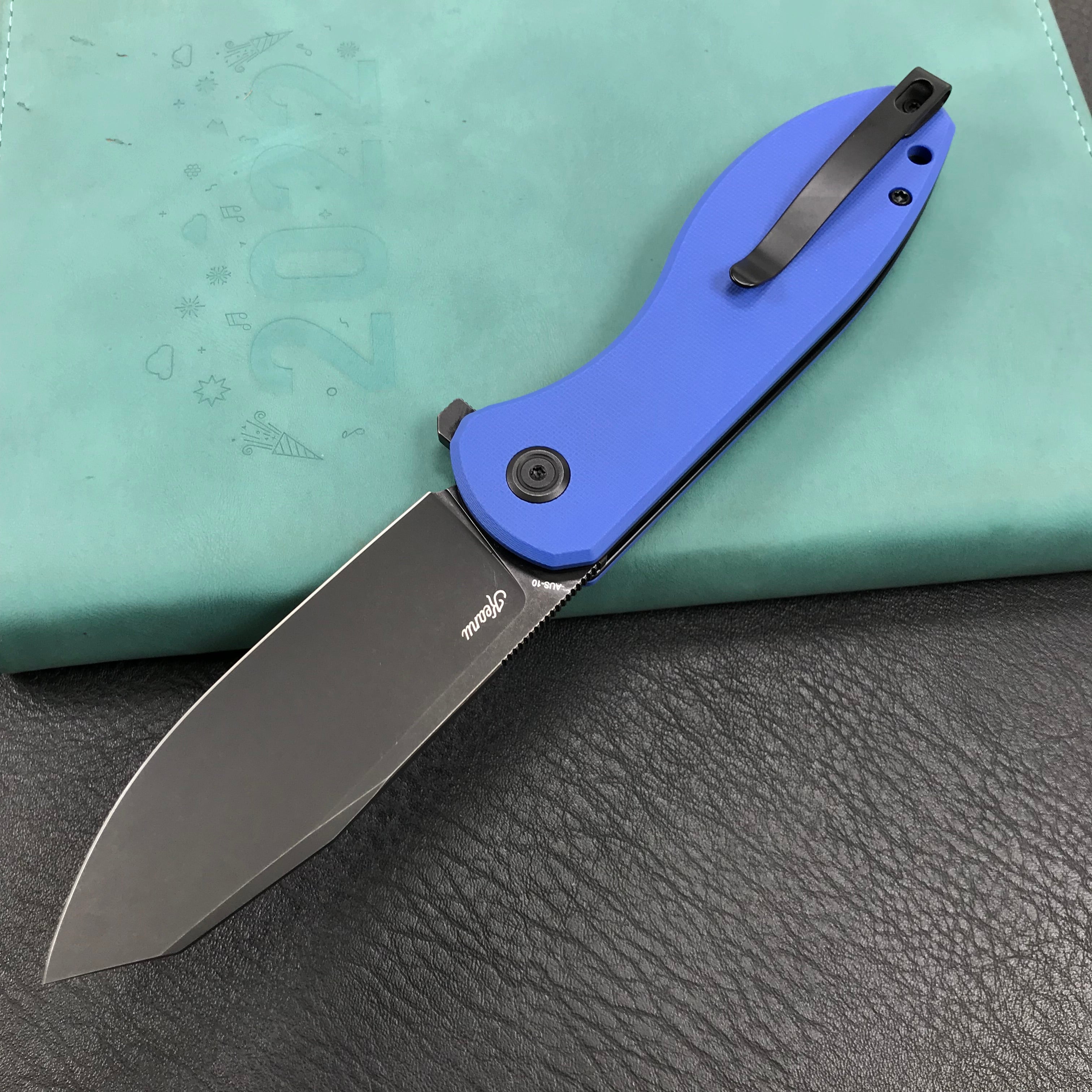 KUBEY KU358G Master Chief Outdor Folding Pocket Knife blue G10 Handle  3.43" Black Stonewashe  AUS-10