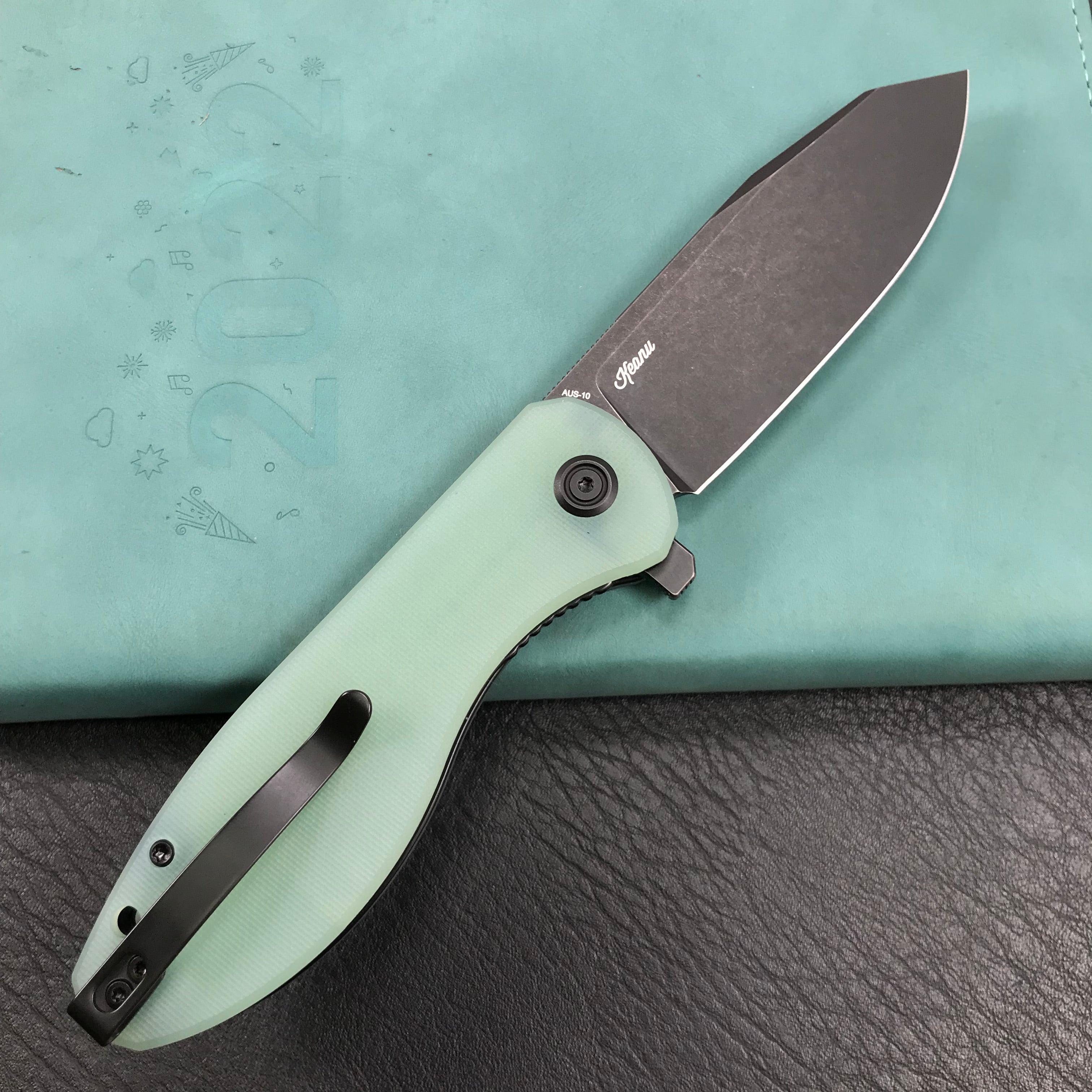 KUBEY KU358D Master Chief Outdor Folding Pocket Knife  Jade G10 Handle  3.43" Black Stonewashe  AUS-10