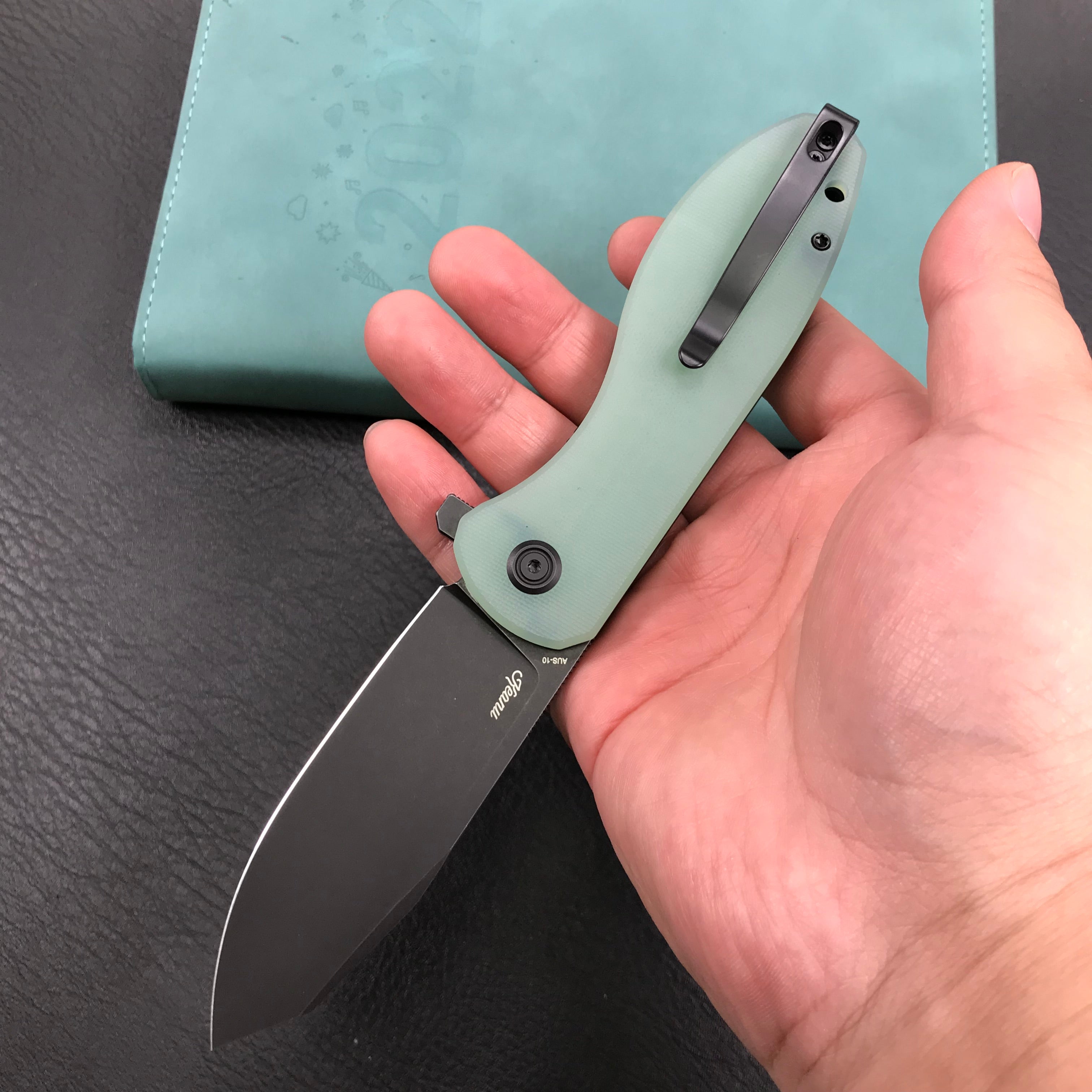 KUBEY KU358D Master Chief Outdor Folding Pocket Knife  Jade G10 Handle  3.43" Black Stonewashe  AUS-10