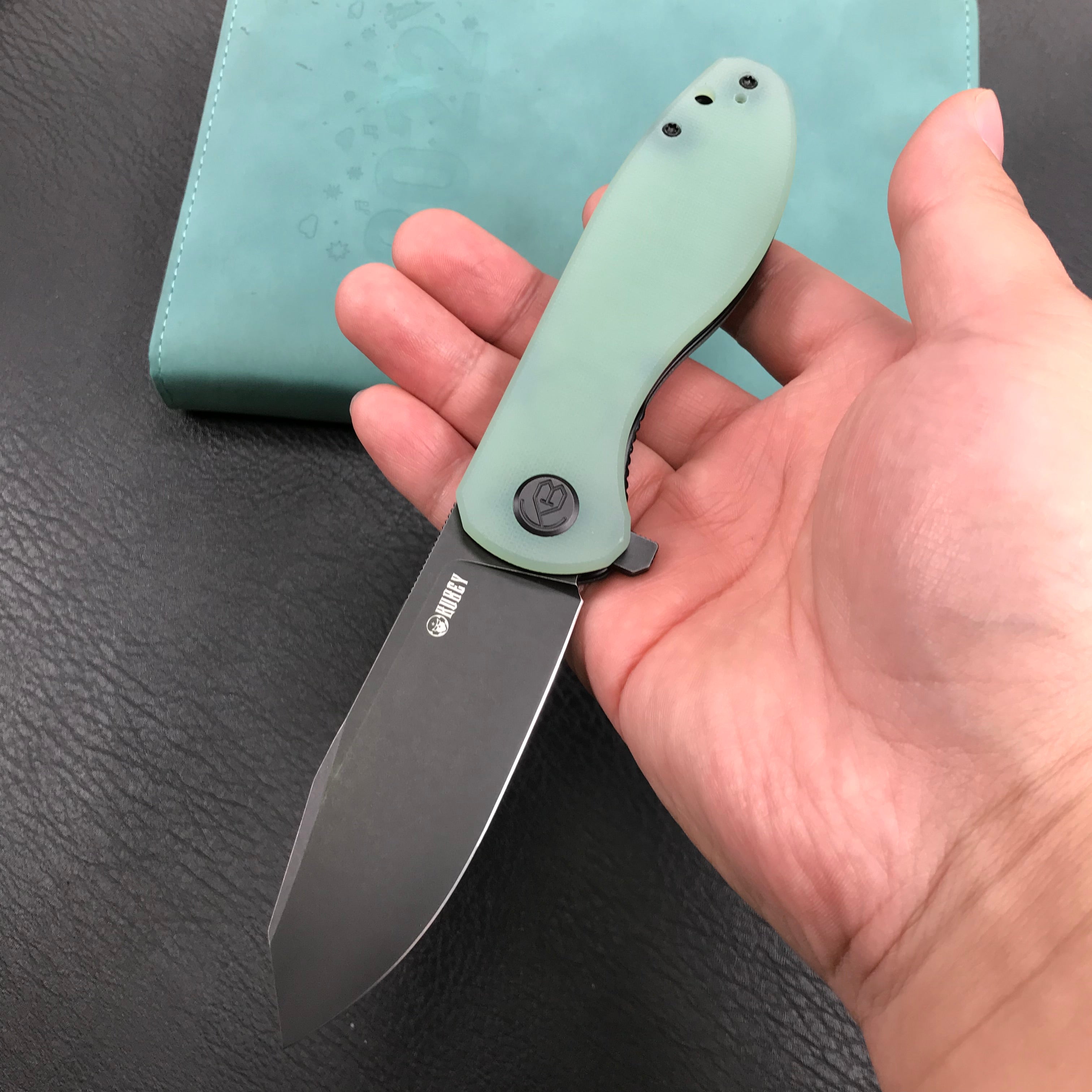 KUBEY KU358D Master Chief Outdor Folding Pocket Knife  Jade G10 Handle  3.43" Black Stonewashe  AUS-10