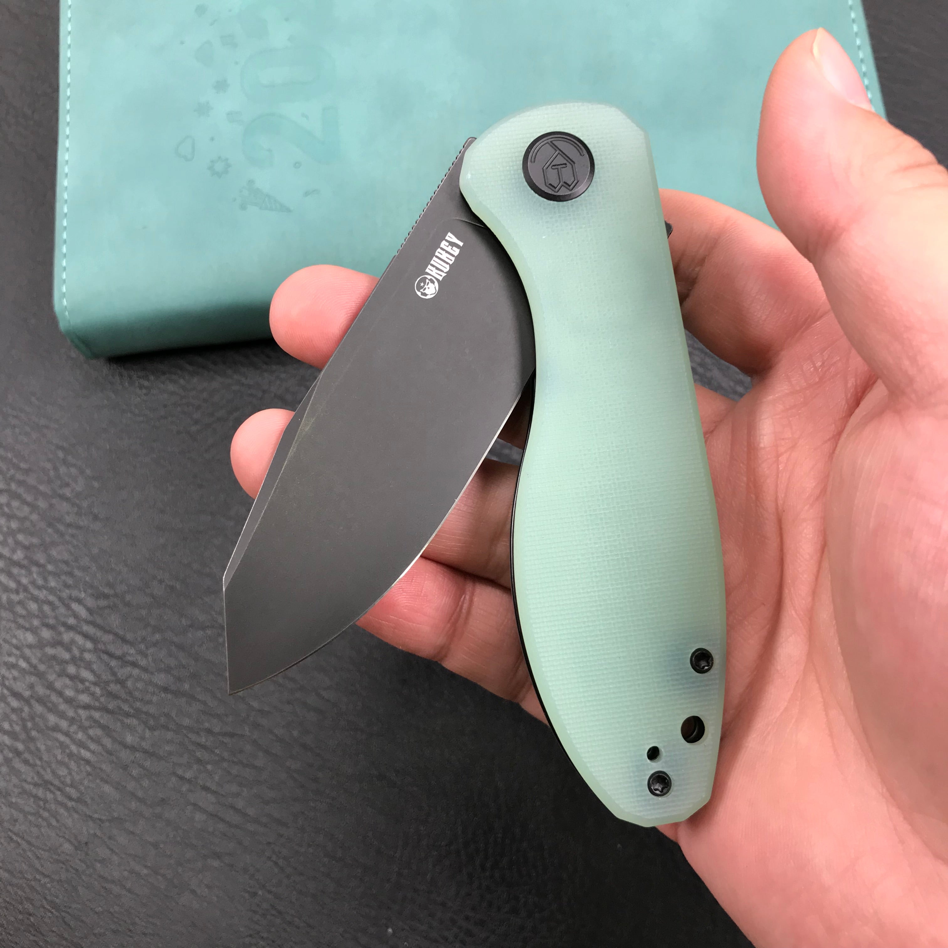 KUBEY KU358D Master Chief Outdor Folding Pocket Knife  Jade G10 Handle  3.43" Black Stonewashe  AUS-10