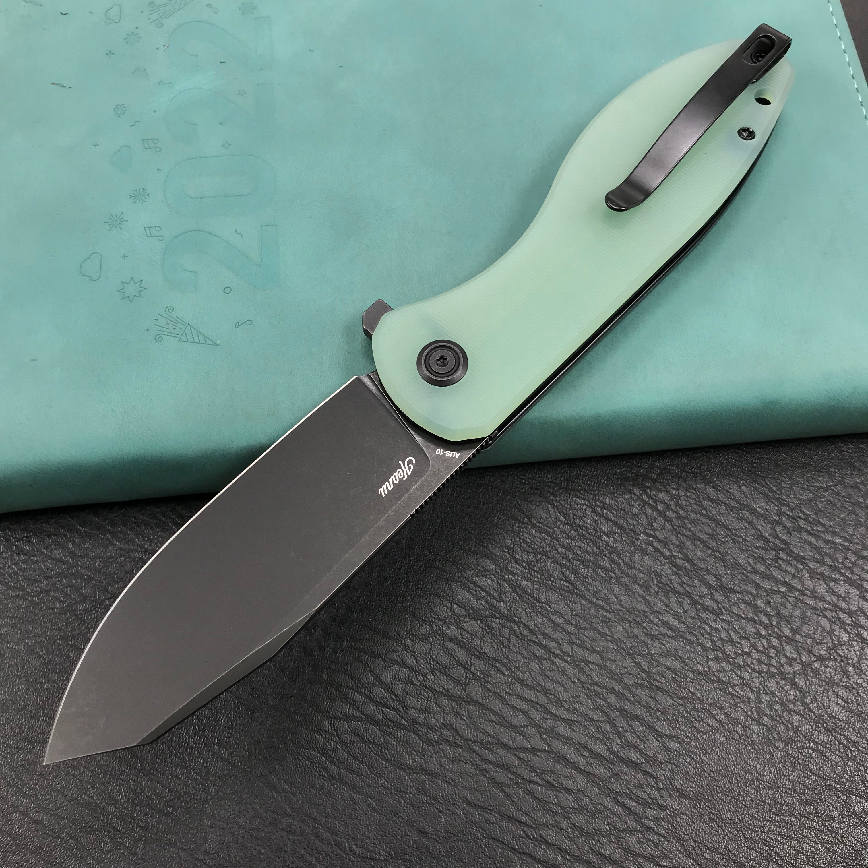 KUBEY KU358D Master Chief Outdor Folding Pocket Knife  Jade G10 Handle  3.43" Black Stonewashe  AUS-10