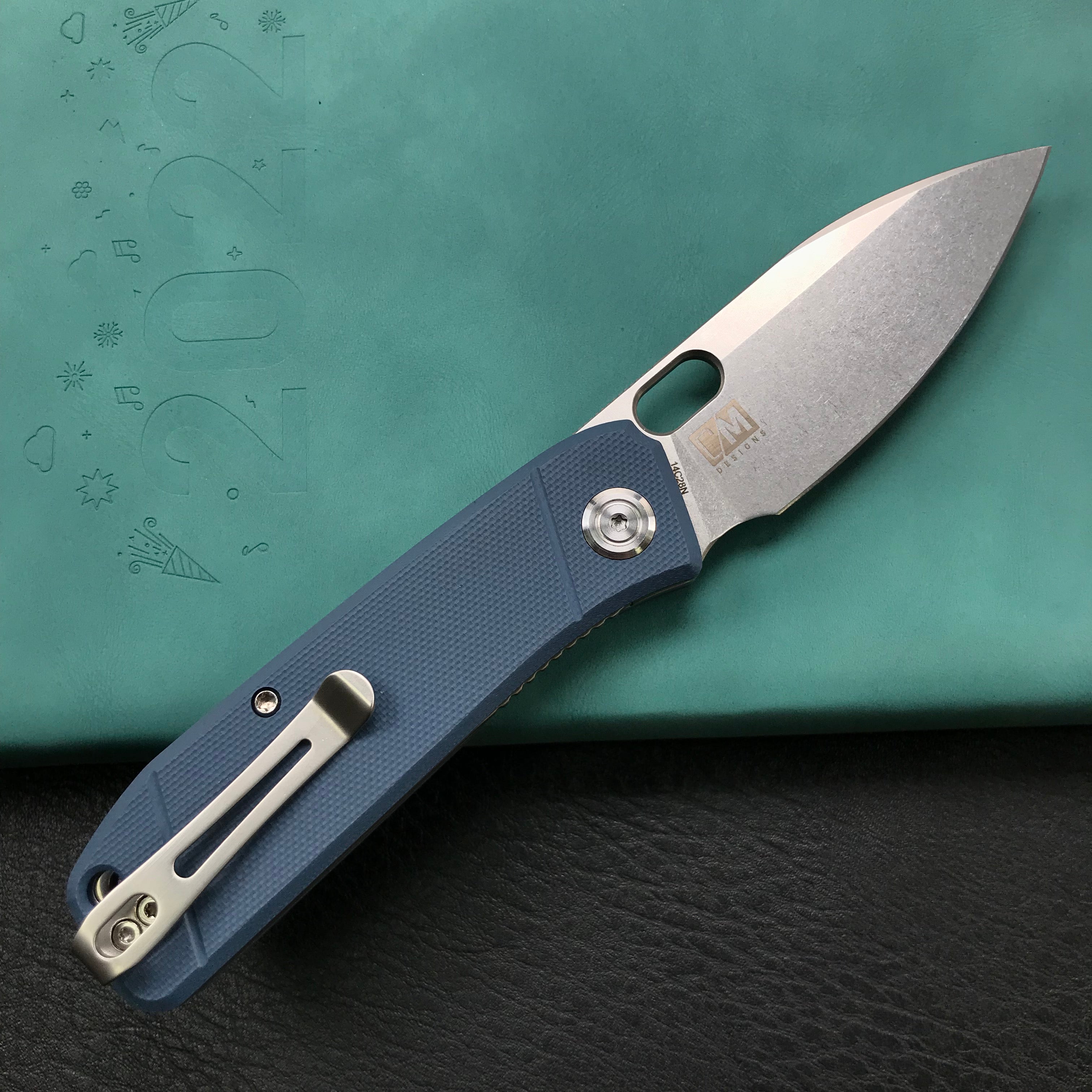 KUBEY KU2104D EDC Folding Knife Blue G10 Handle 2.95" Blasted Stonewashed 14C28N