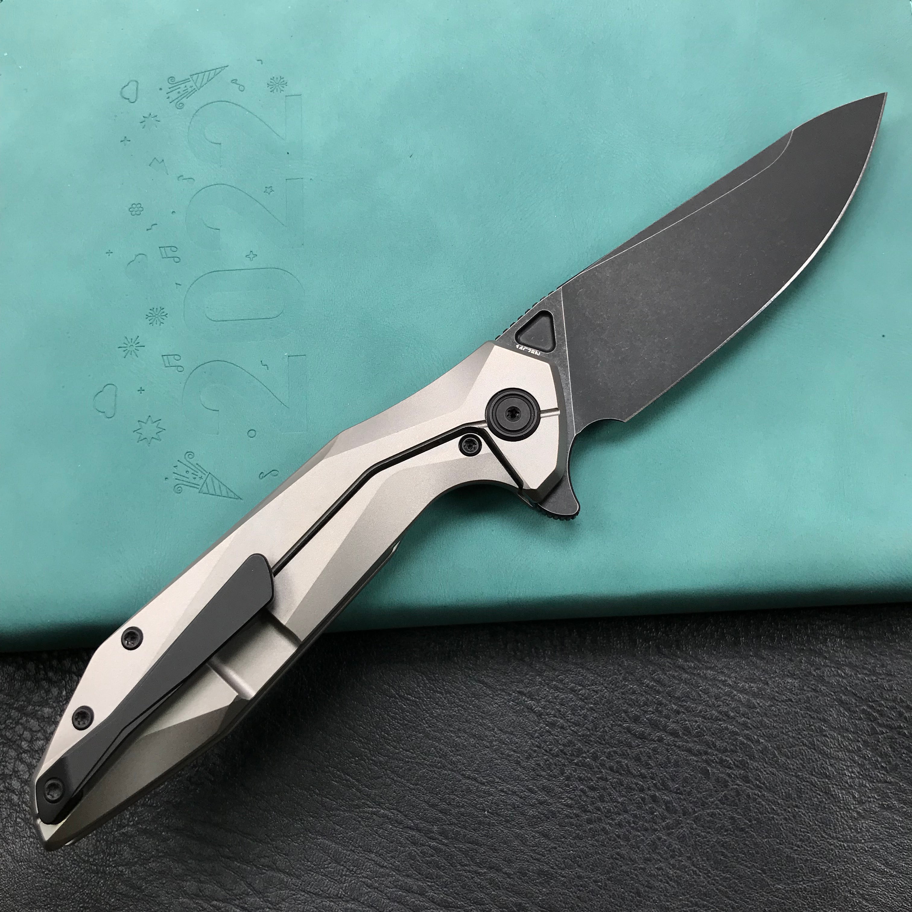 KUBEY KB235E Nova Frame Lock Flipper Folding Knife Gray 6AL4V Titanium Handle 3.66" Darkwashed 14C28N