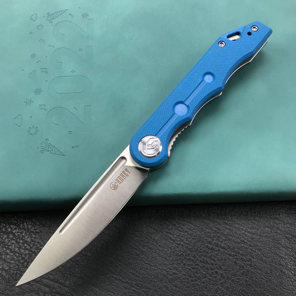 KUBEY  KU2101B Mizo Liner Lock Front Flipper Folding Knife Blue G10 Handle 3.15" Satin 14C28N