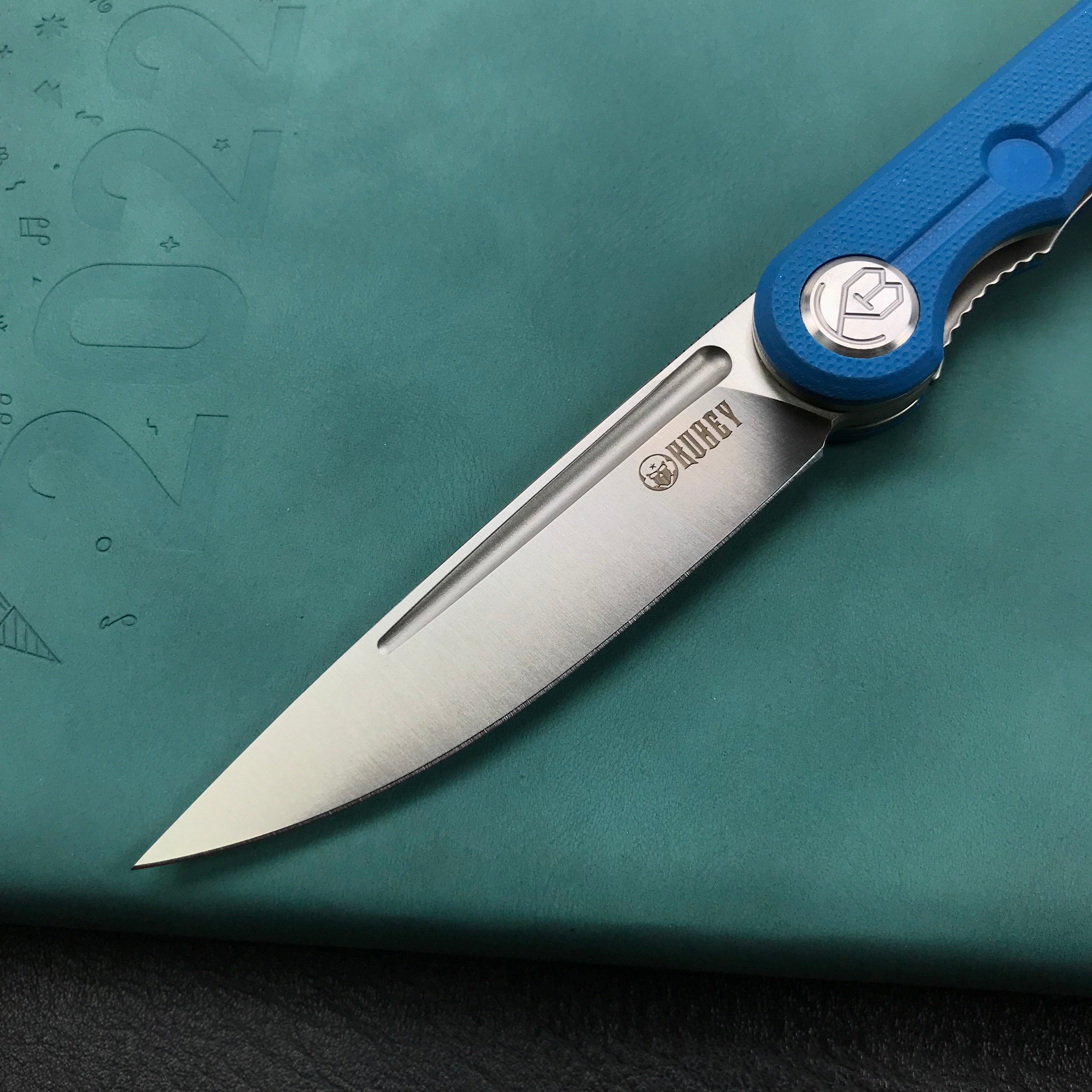 KUBEY  KU2101B Mizo Liner Lock Front Flipper Folding Knife Blue G10 Handle 3.15" Satin 14C28N