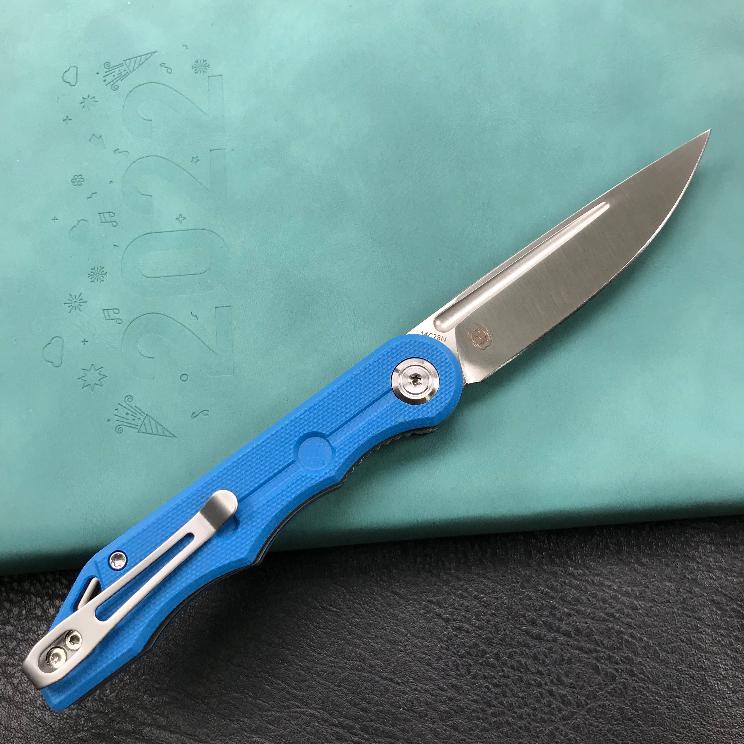 KUBEY  KU2101B Mizo Liner Lock Front Flipper Folding Knife Blue G10 Handle 3.15" Satin 14C28N