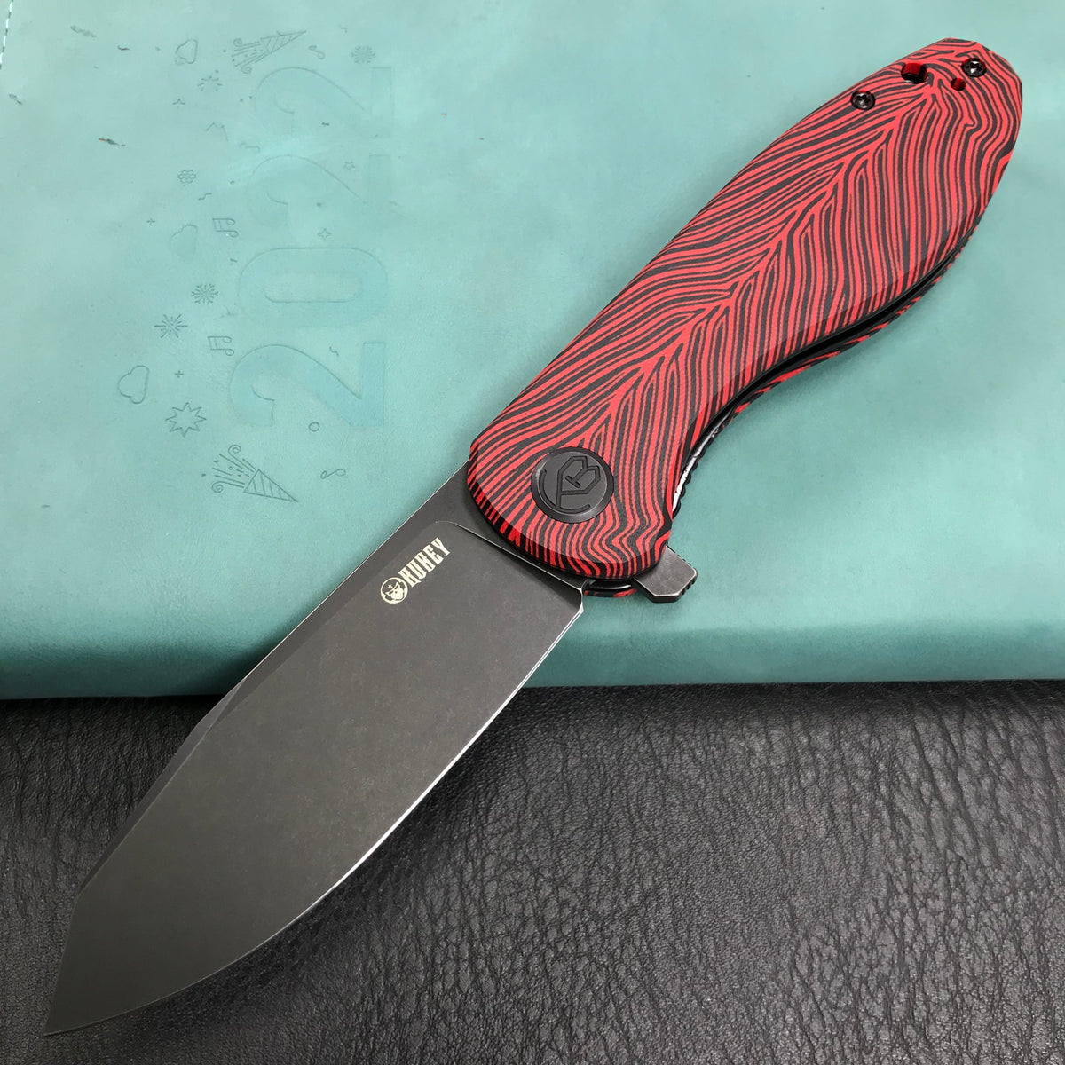 KUBEY KU358A Master Chief Outdor Folding Pocket Knife Black &amp; red G10 Handle 3.43" Black Stonewashe AUS-10