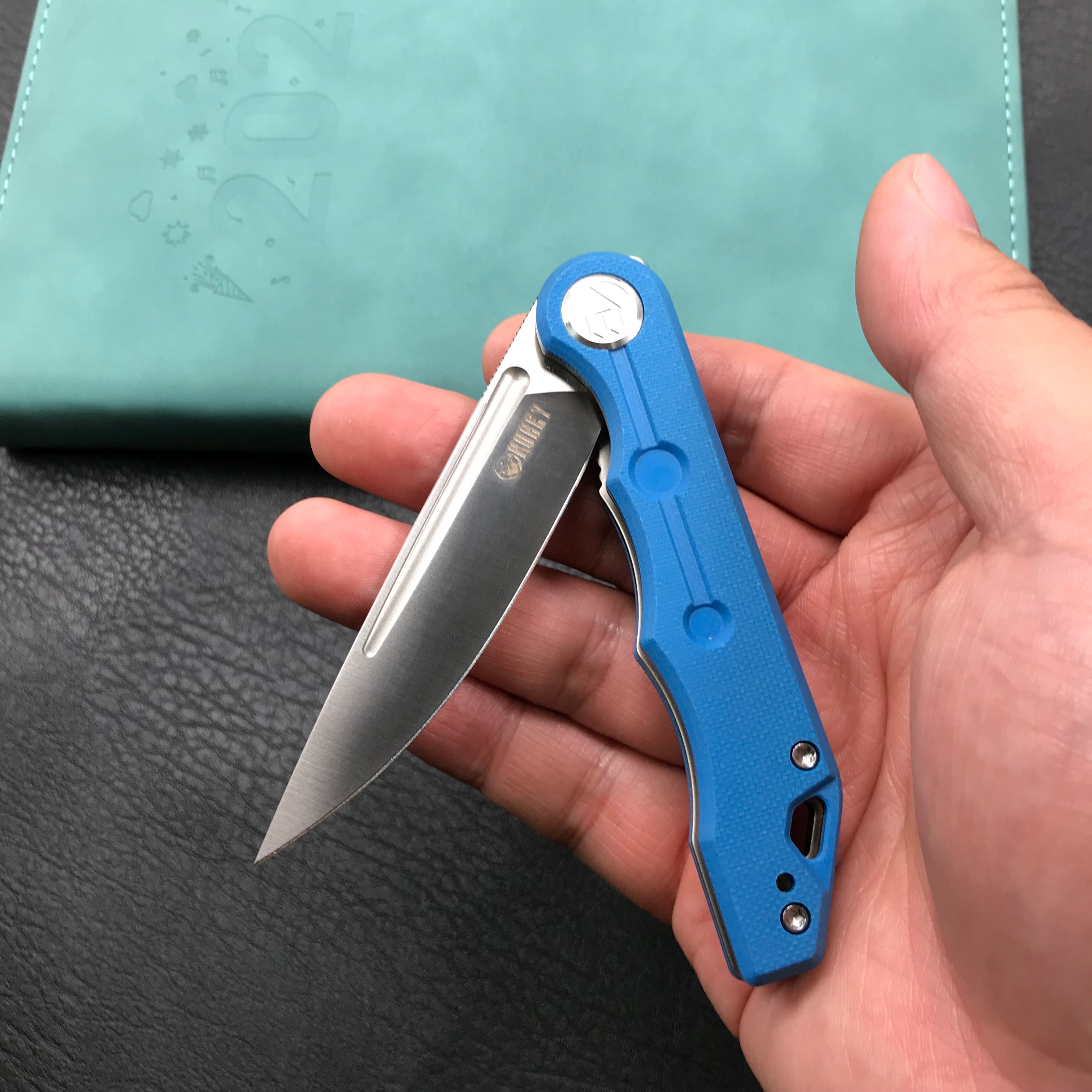 KUBEY  KU2101B Mizo Liner Lock Front Flipper Folding Knife Blue G10 Handle 3.15" Satin 14C28N