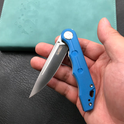 KUBEY  KU2101B Mizo Liner Lock Front Flipper Folding Knife Blue G10 Handle 3.15" Satin 14C28N