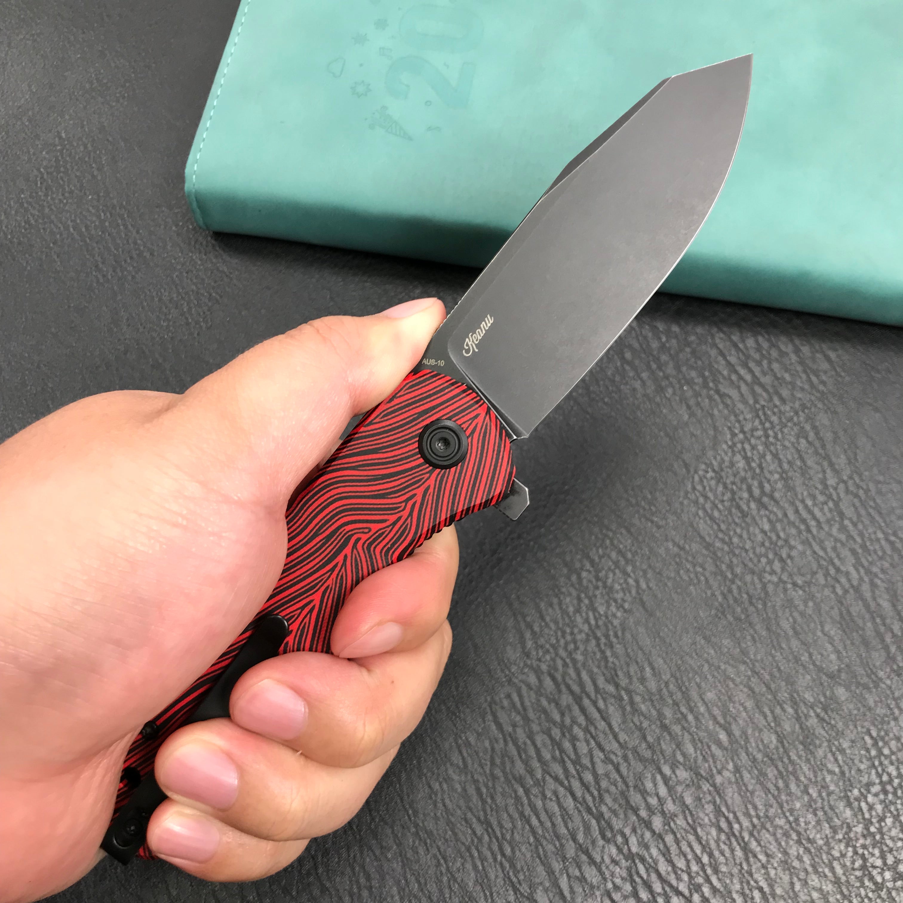 KUBEY KU358A Master Chief Outdor Folding Pocket Knife Black &amp; red G10 Handle 3.43" Black Stonewashe AUS-10