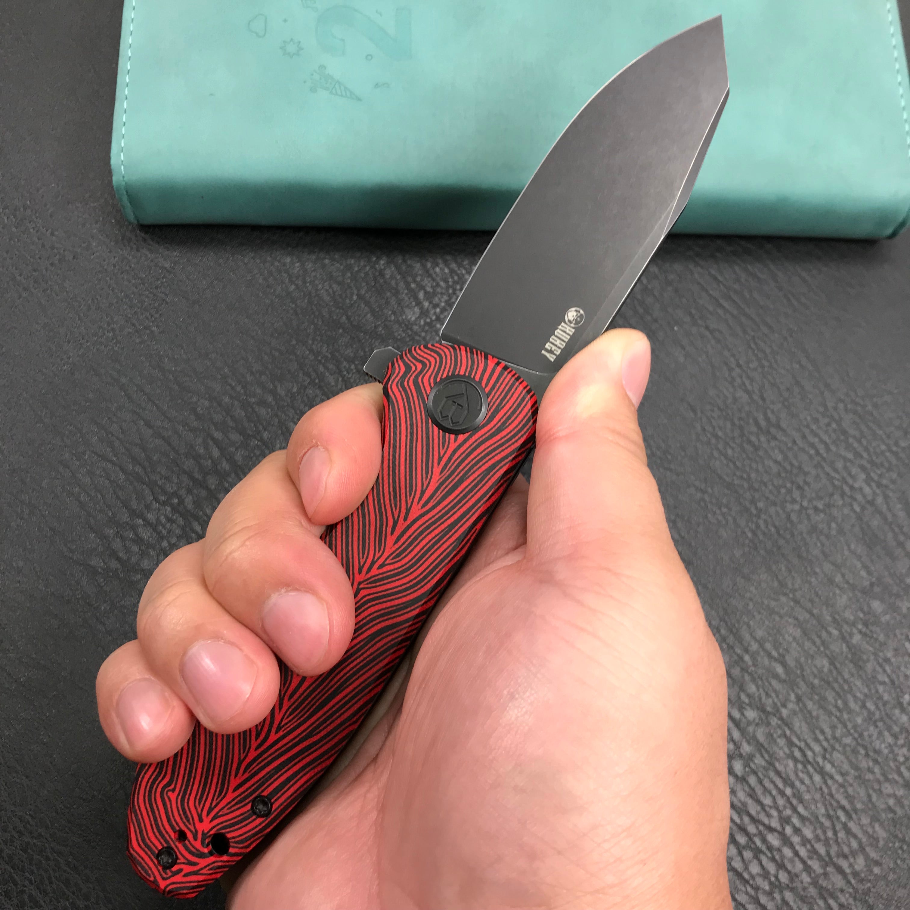 KUBEY KU358A Master Chief Outdor Folding Pocket Knife Black &amp; red G10 Handle 3.43" Black Stonewashe AUS-10