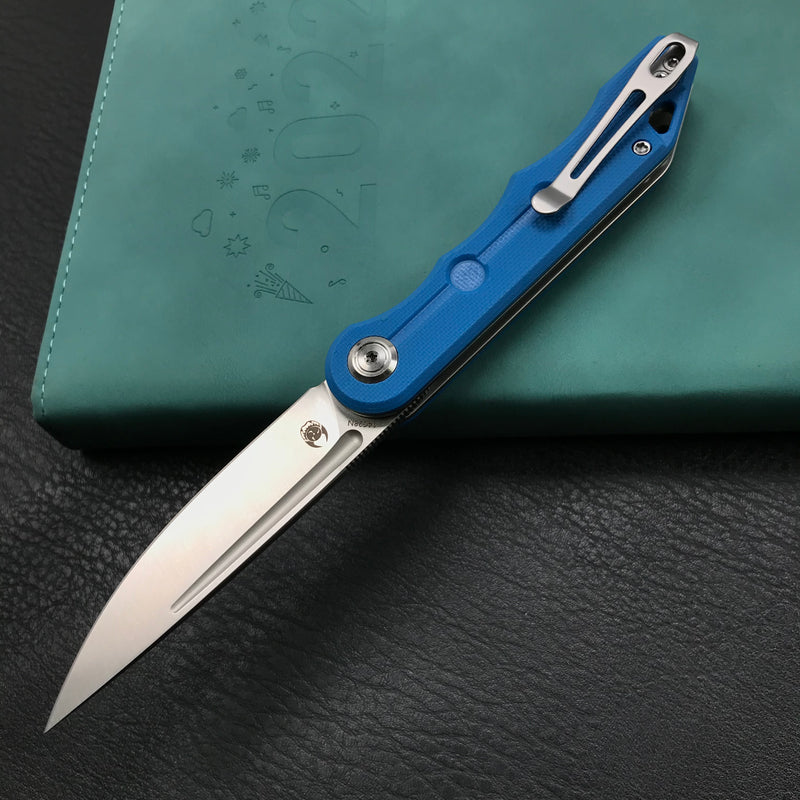 KUBEY  KU2101B Mizo Liner Lock Front Flipper Folding Knife Blue G10 Handle 3.15" Satin 14C28N