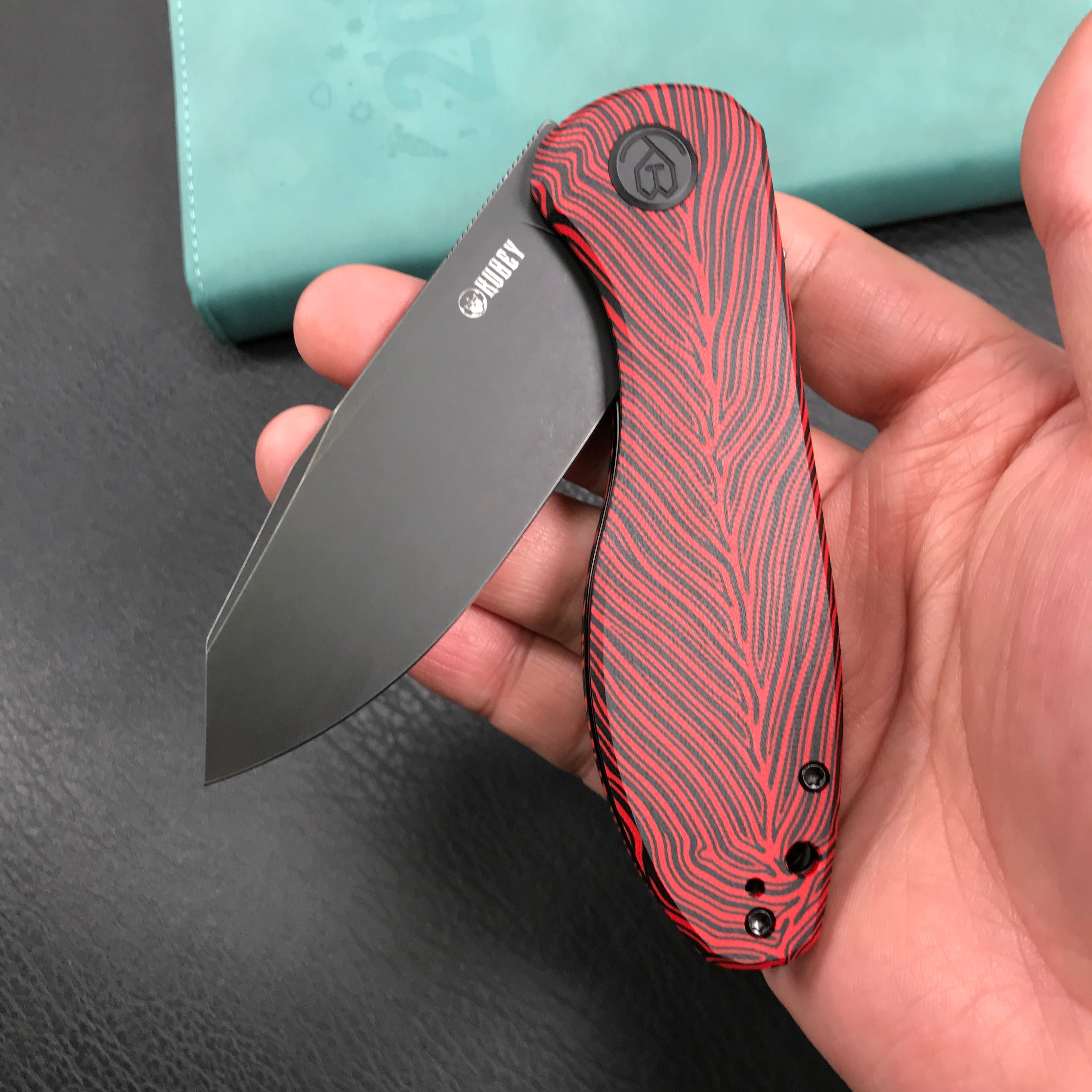 KUBEY KU358A Master Chief Outdor Folding Pocket Knife Black &amp; red G10 Handle 3.43" Black Stonewashe AUS-10