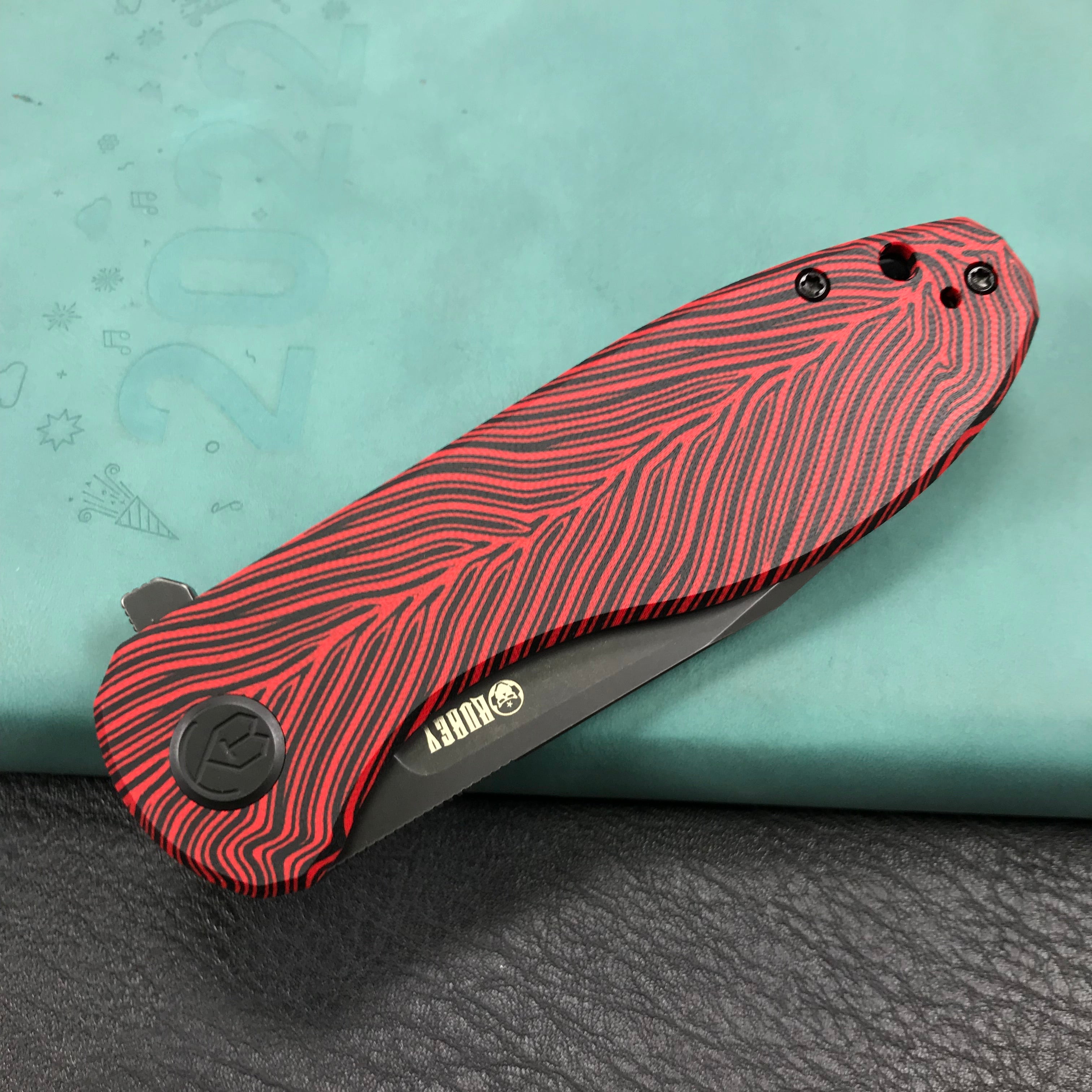 KUBEY KU358A Master Chief Outdor Folding Pocket Knife Black &amp; red G10 Handle 3.43" Black Stonewashe AUS-10