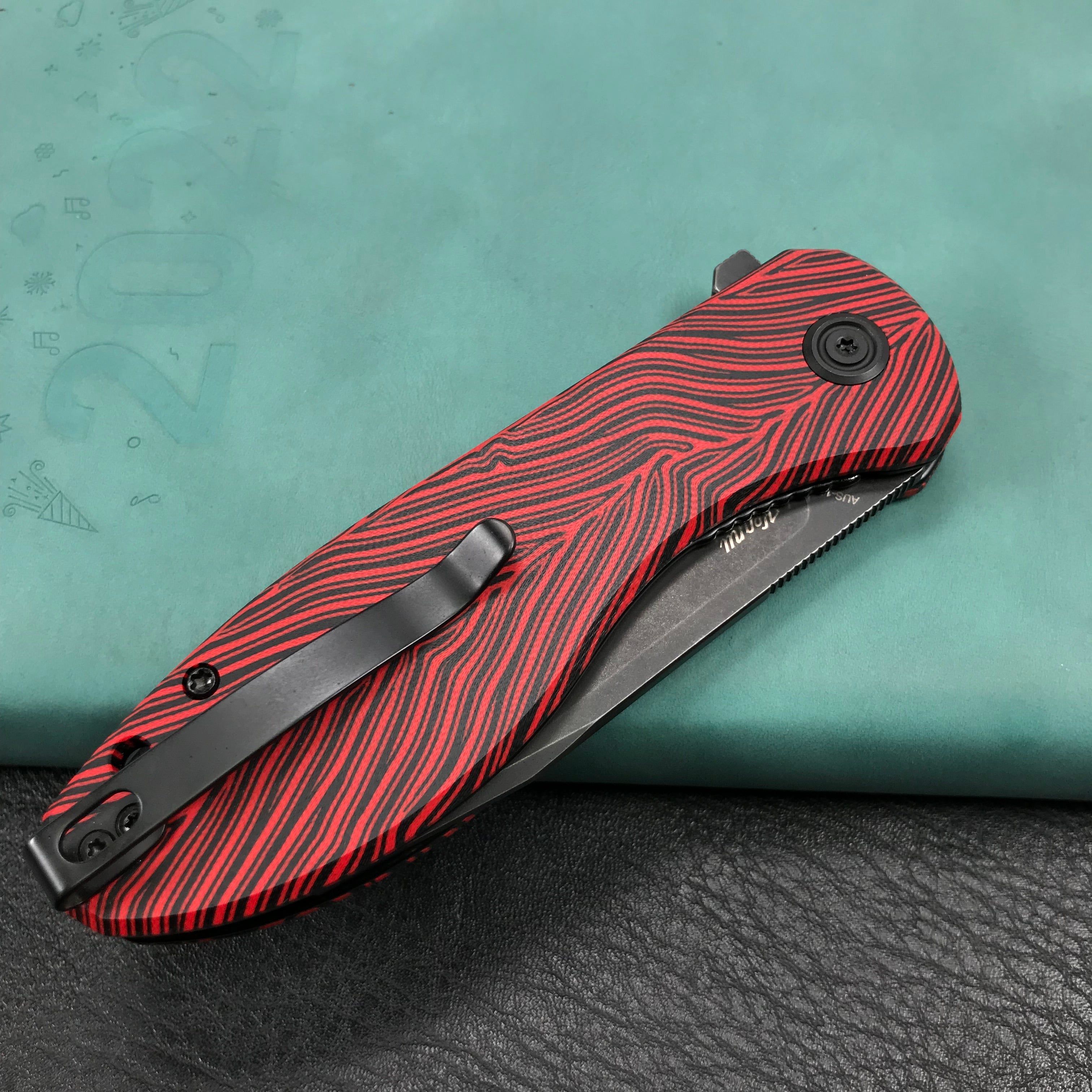 KUBEY KU358A Master Chief Outdor Folding Pocket Knife Black &amp; red G10 Handle 3.43" Black Stonewashe AUS-10