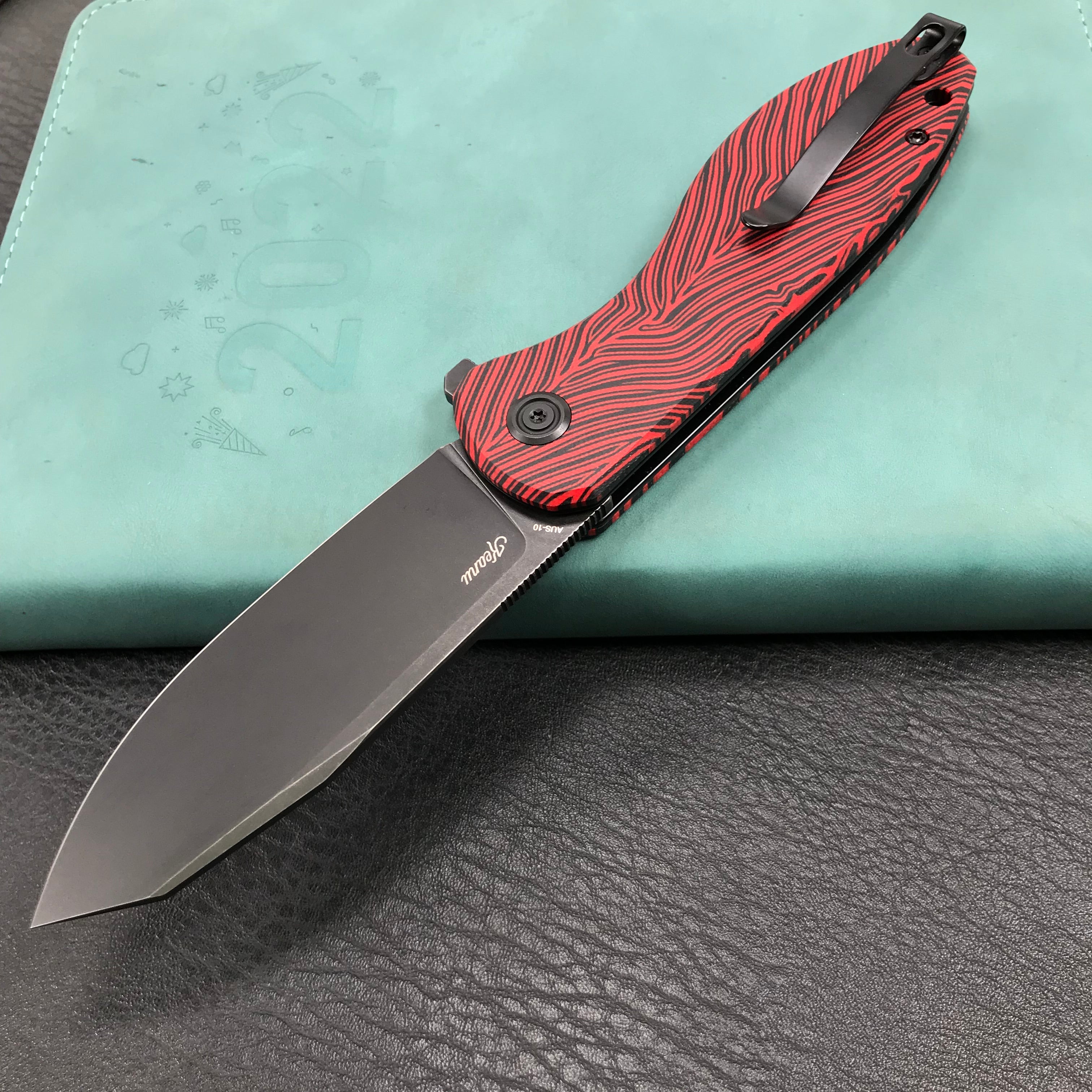 KUBEY KU358A Master Chief Outdor Folding Pocket Knife Black &amp; red G10 Handle 3.43" Black Stonewashe AUS-10