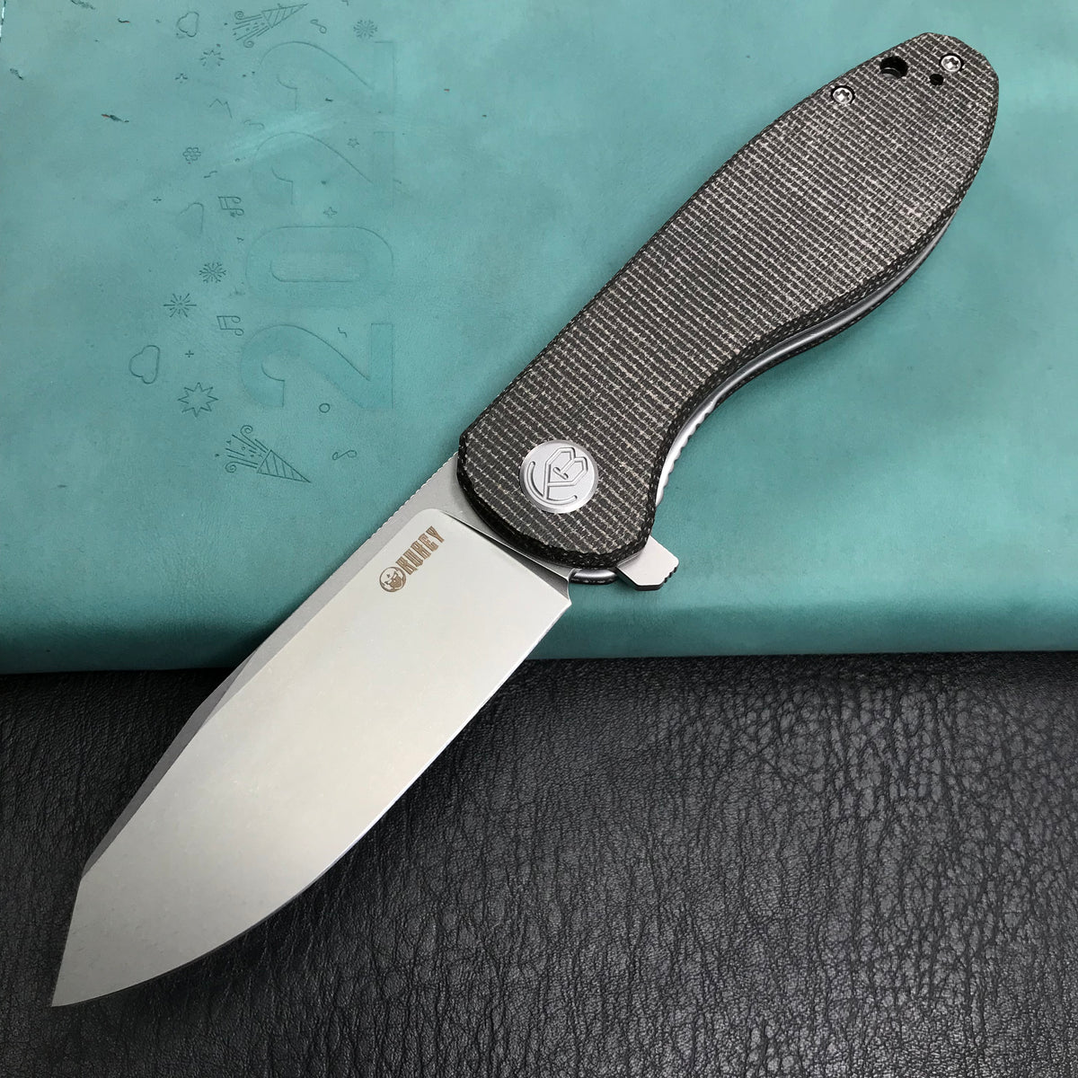 KUBEY KU358H Master Chief Outdor Folding Pocket Knife Black Micarta Handle 3.43" Blasted Stonewashed AUS-10