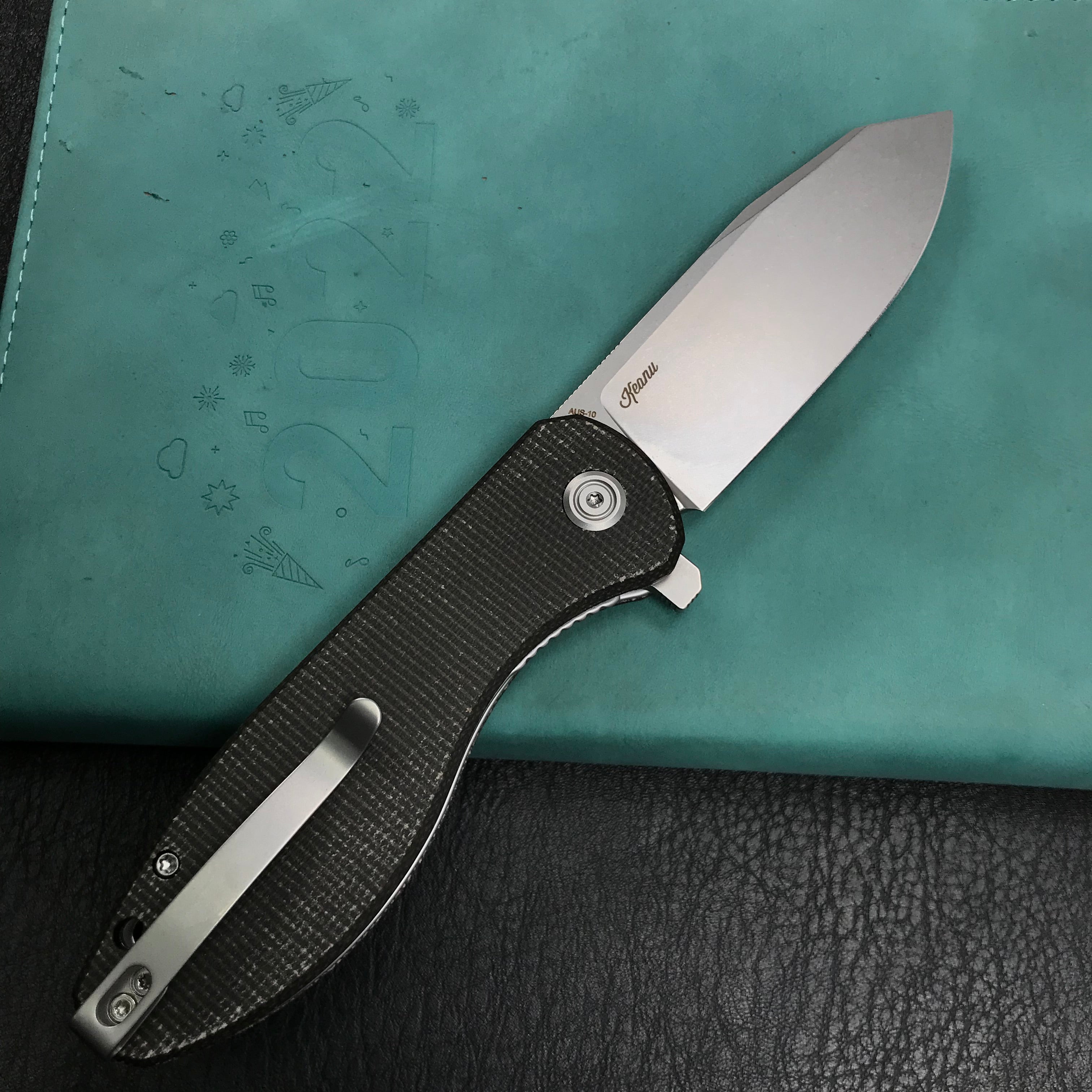 KUBEY KU358H Master Chief Outdor Folding Pocket Knife Black Micarta Handle 3.43" Blasted Stonewashed AUS-10