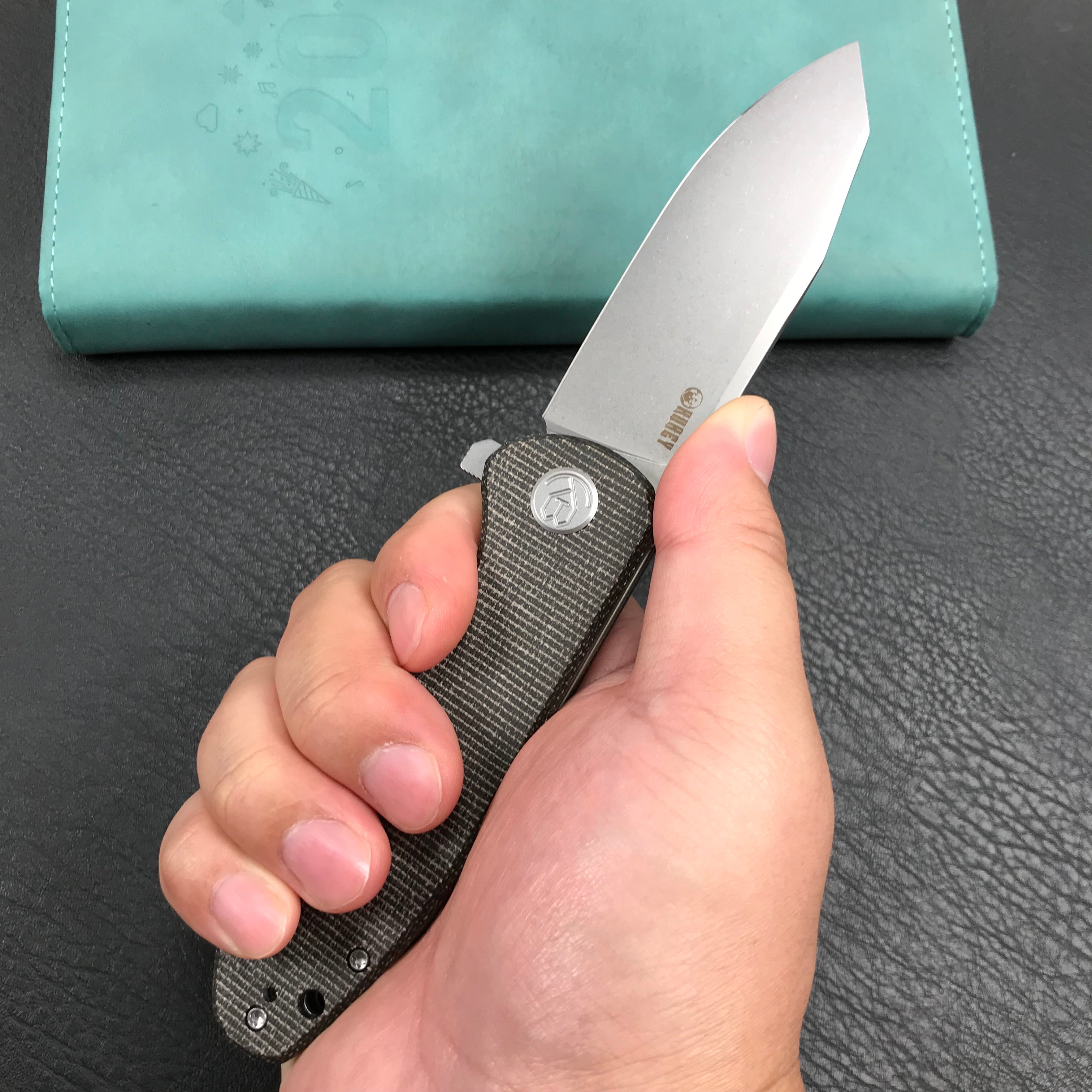 KUBEY KU358H Master Chief Outdor Folding Pocket Knife Black Micarta Handle 3.43" Blasted Stonewashed AUS-10