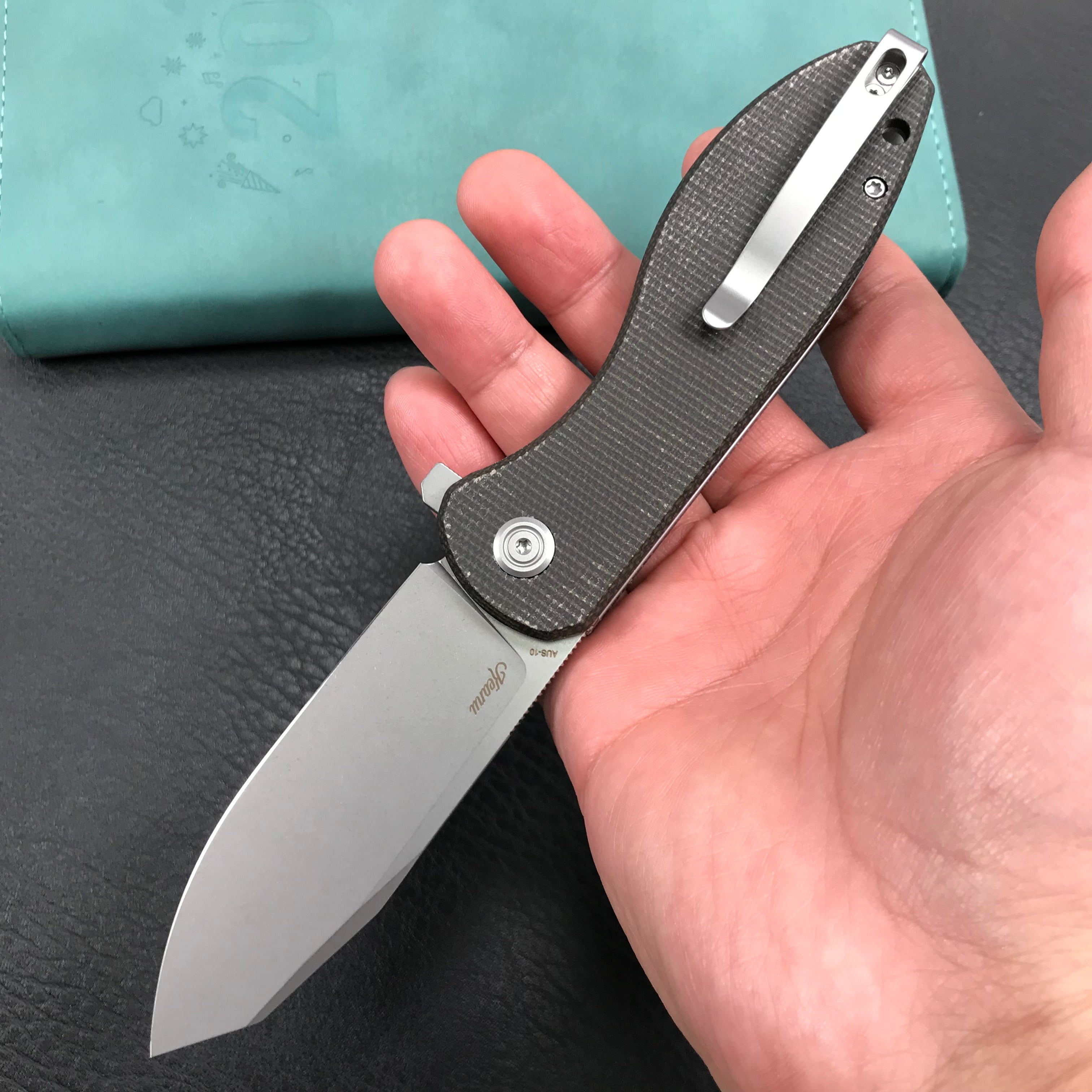 KUBEY KU358H Master Chief Outdor Folding Pocket Knife Black Micarta Handle 3.43" Blasted Stonewashed AUS-10