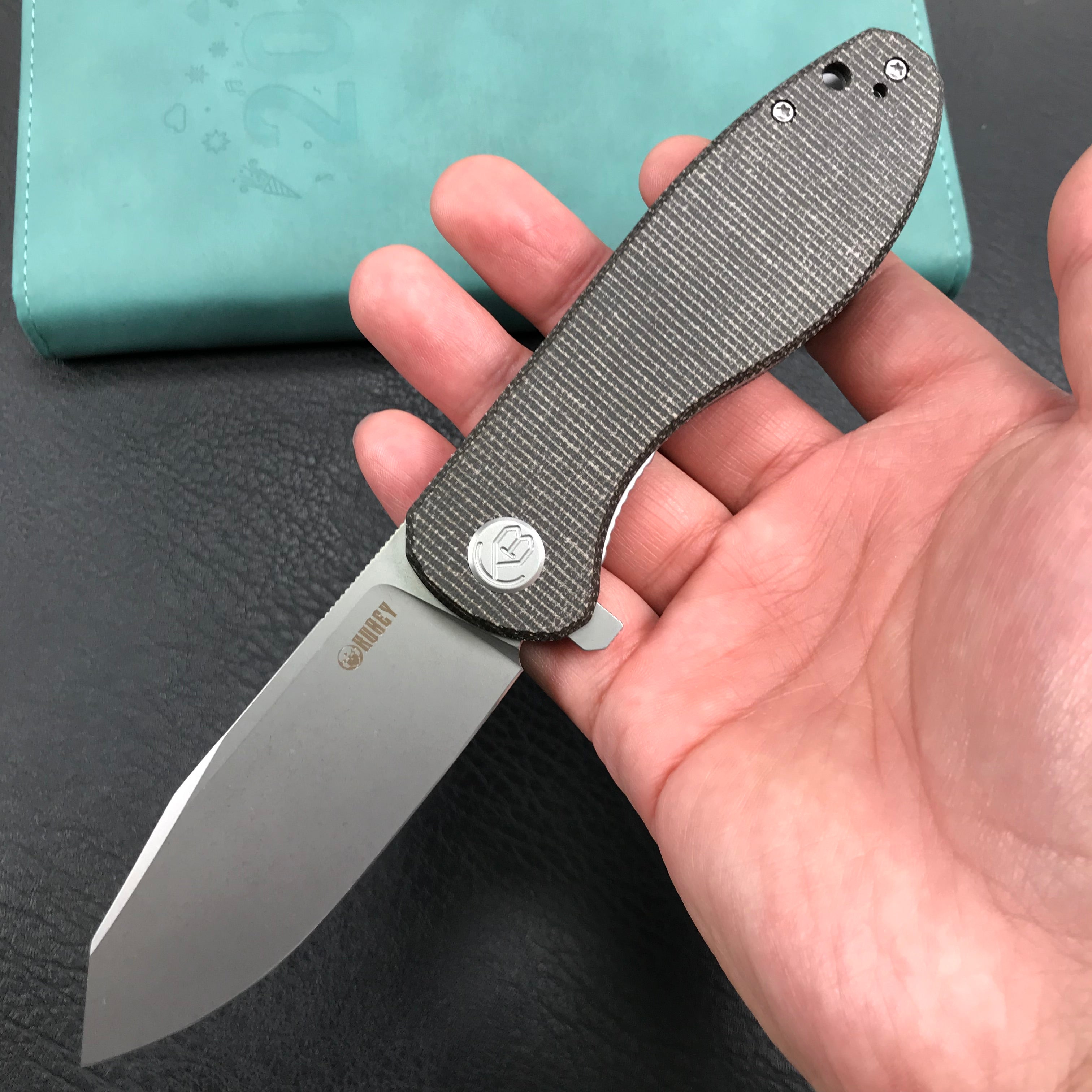 KUBEY KU358H Master Chief Outdor Folding Pocket Knife Black Micarta Handle 3.43" Blasted Stonewashed AUS-10