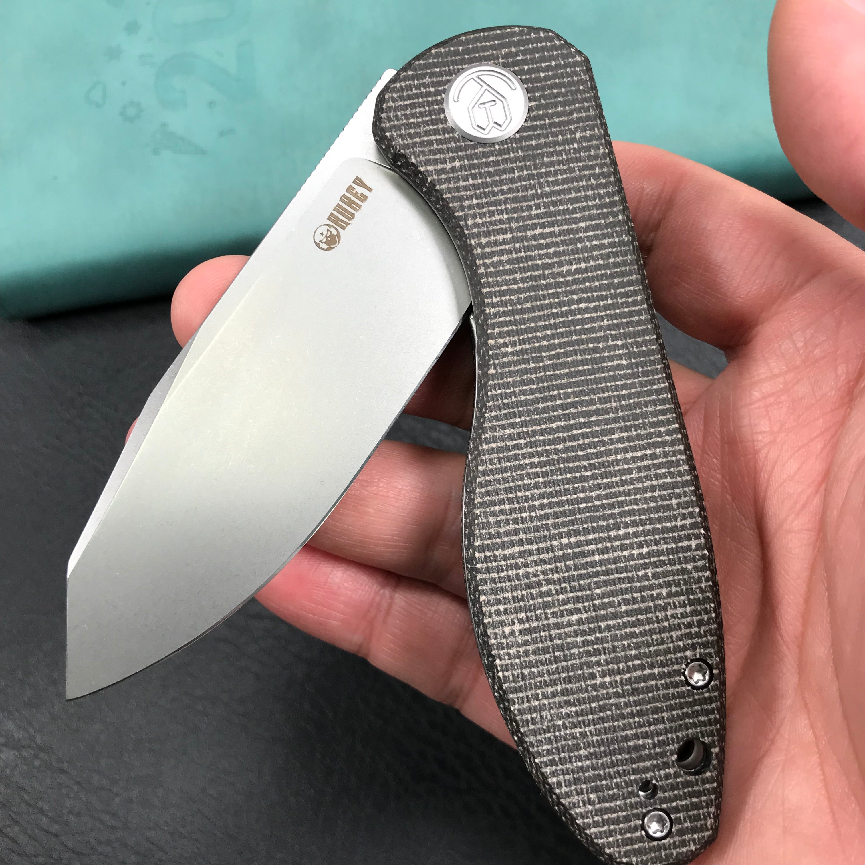 KUBEY KU358H Master Chief Outdor Folding Pocket Knife Black Micarta Handle 3.43" Blasted Stonewashed AUS-10