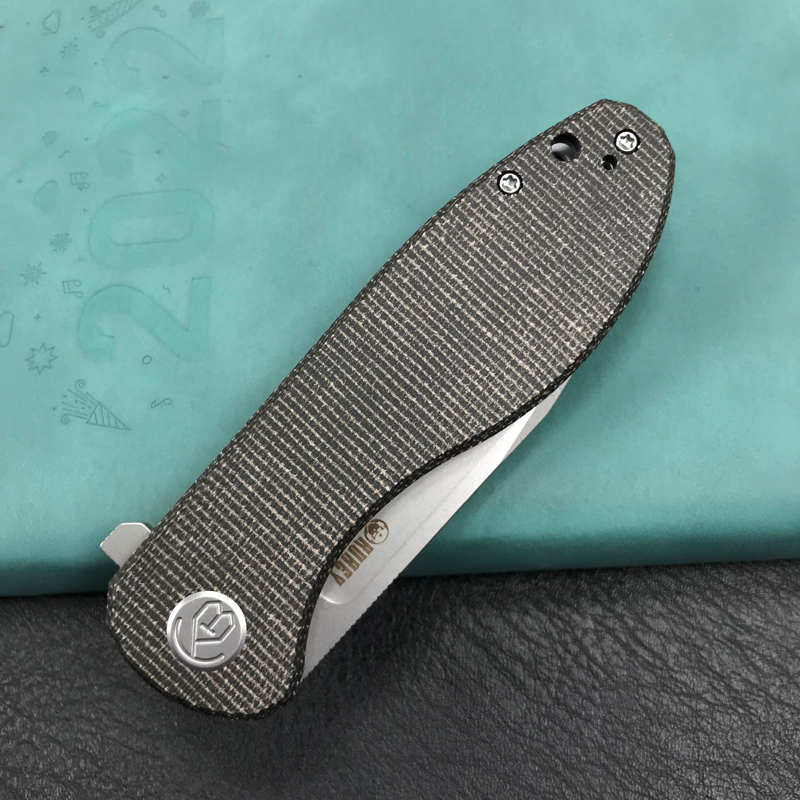 KUBEY KU358H Master Chief Outdor Folding Pocket Knife Black Micarta Handle 3.43" Blasted Stonewashed AUS-10