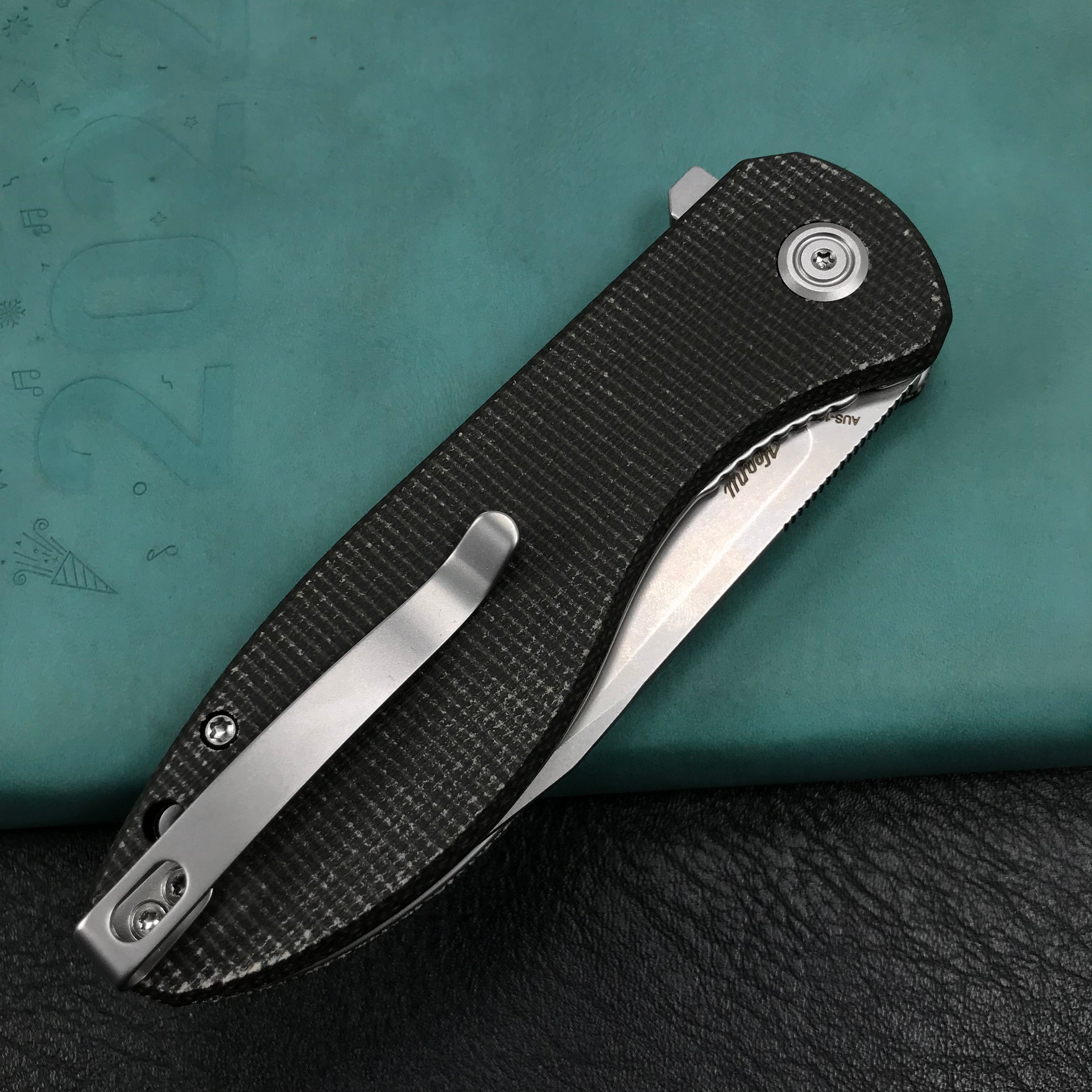 KUBEY KU358H Master Chief Outdor Folding Pocket Knife Black Micarta Handle 3.43" Blasted Stonewashed AUS-10