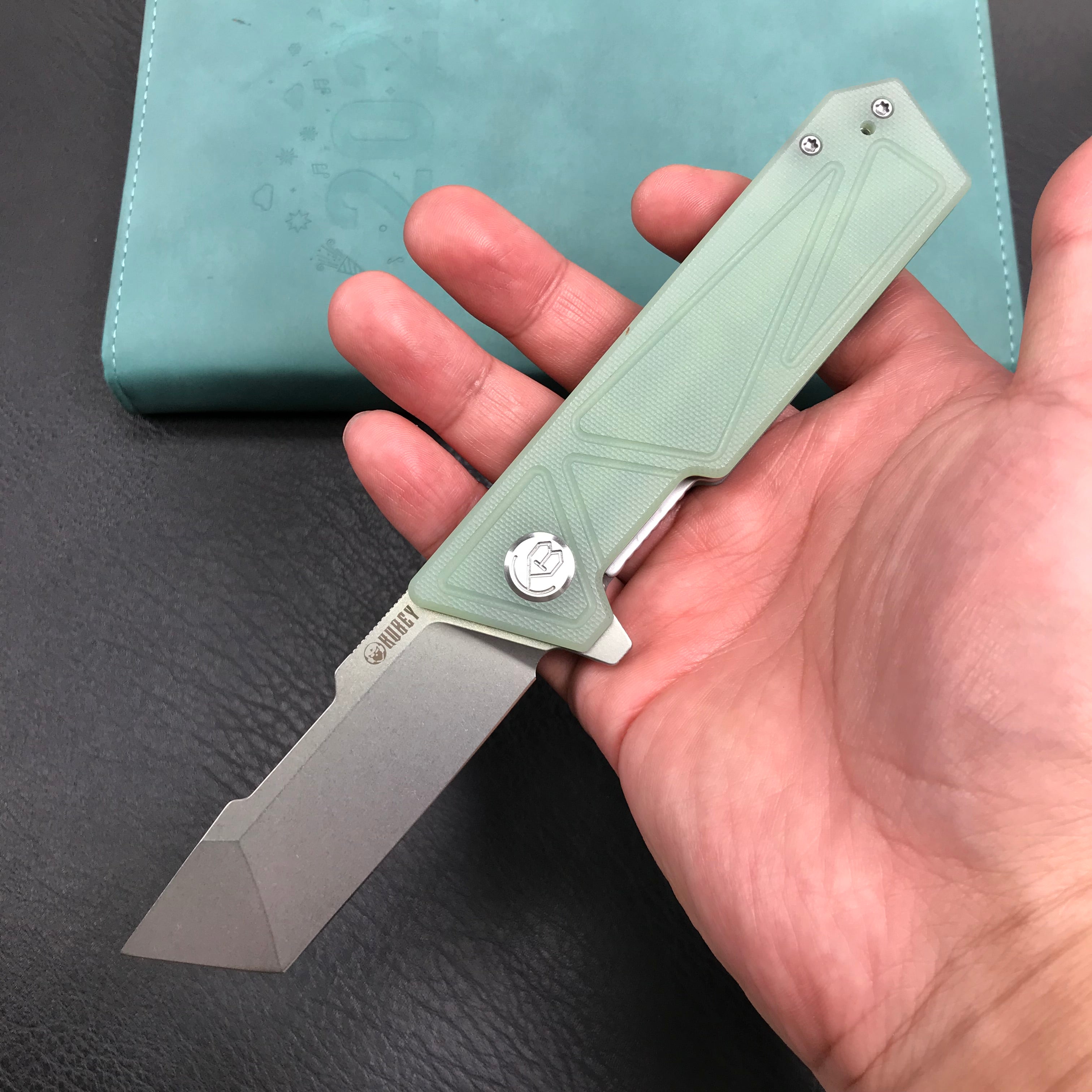 KUBEY KU104E Avenger Outdoor Edc Folding Pocket Knife Jade G10 Handle 3.07" Blasted Stonewashed D2