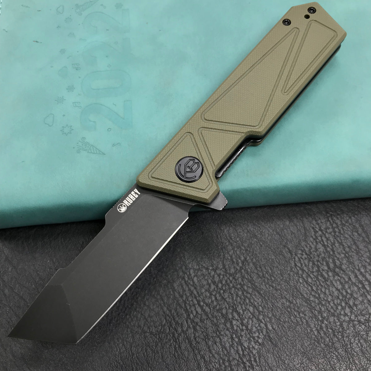 KUBEY KU104F Avenger Outdoor Edc Folding Pocket Knife Green G10 Handle 3.07" Black Stonewashe  D2