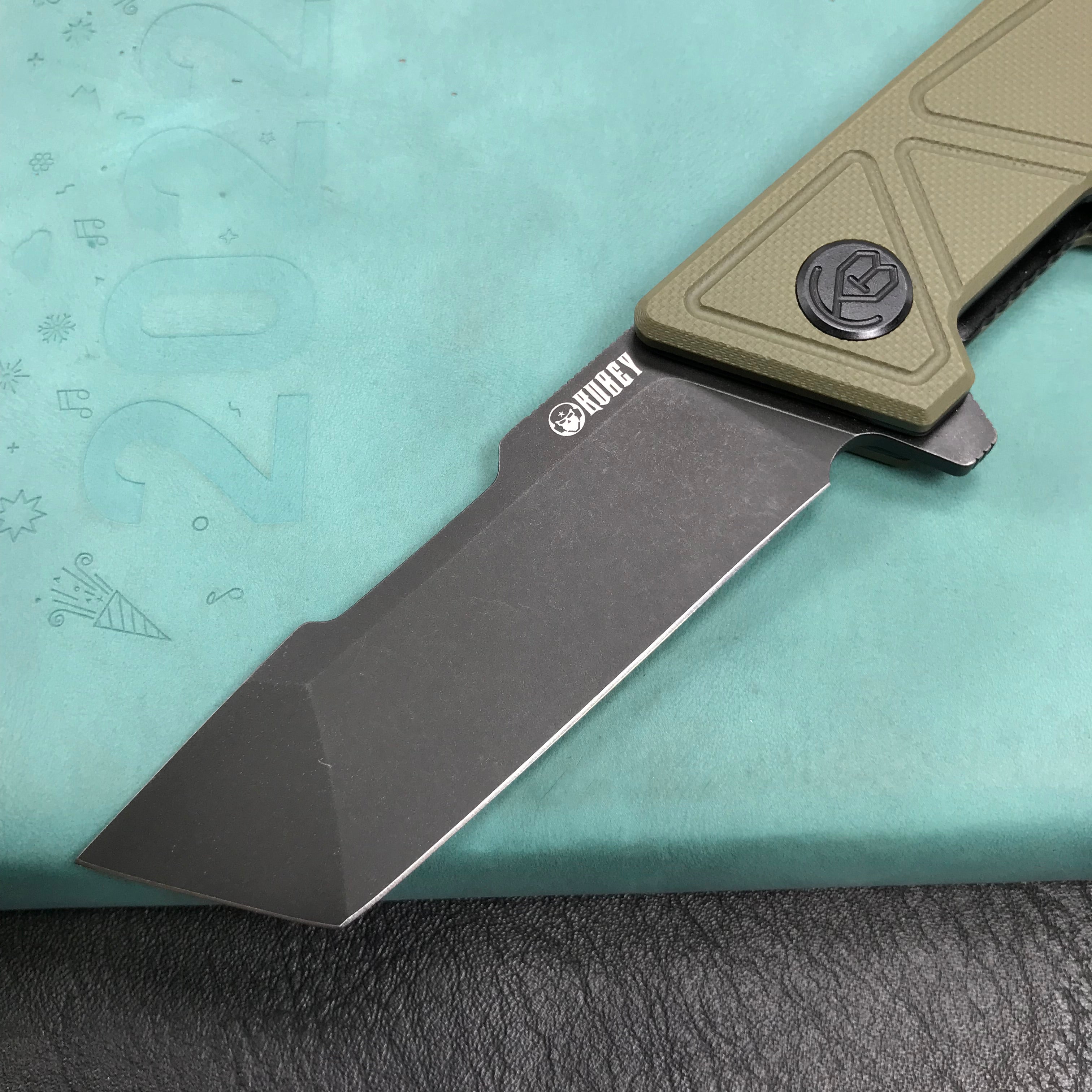 KUBEY KU104F Avenger Outdoor Edc Folding Pocket Knife Green G10 Handle 3.07" Black Stonewashe  D2