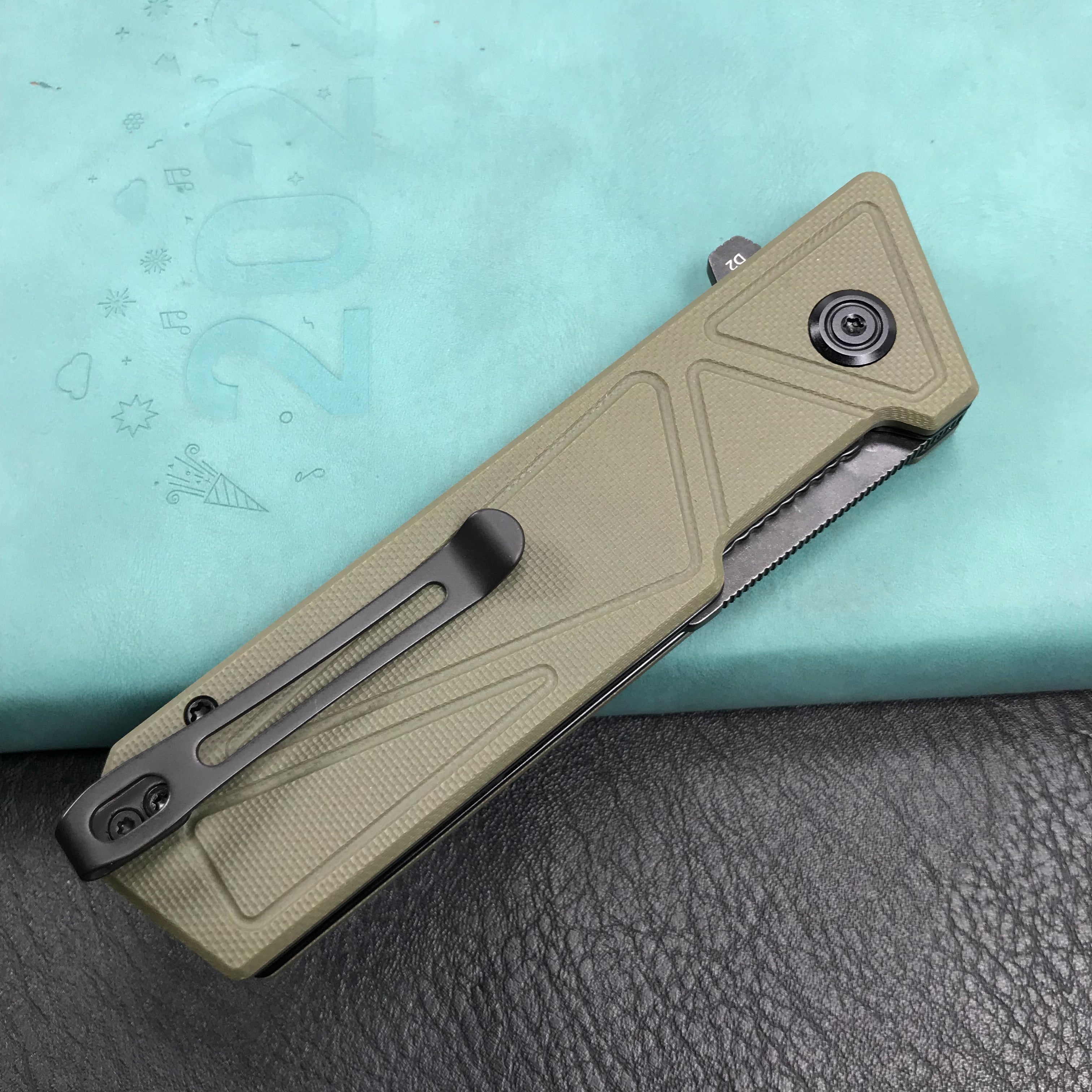 KUBEY KU104F Avenger Outdoor Edc Folding Pocket Knife Green G10 Handle 3.07" Black Stonewashe  D2