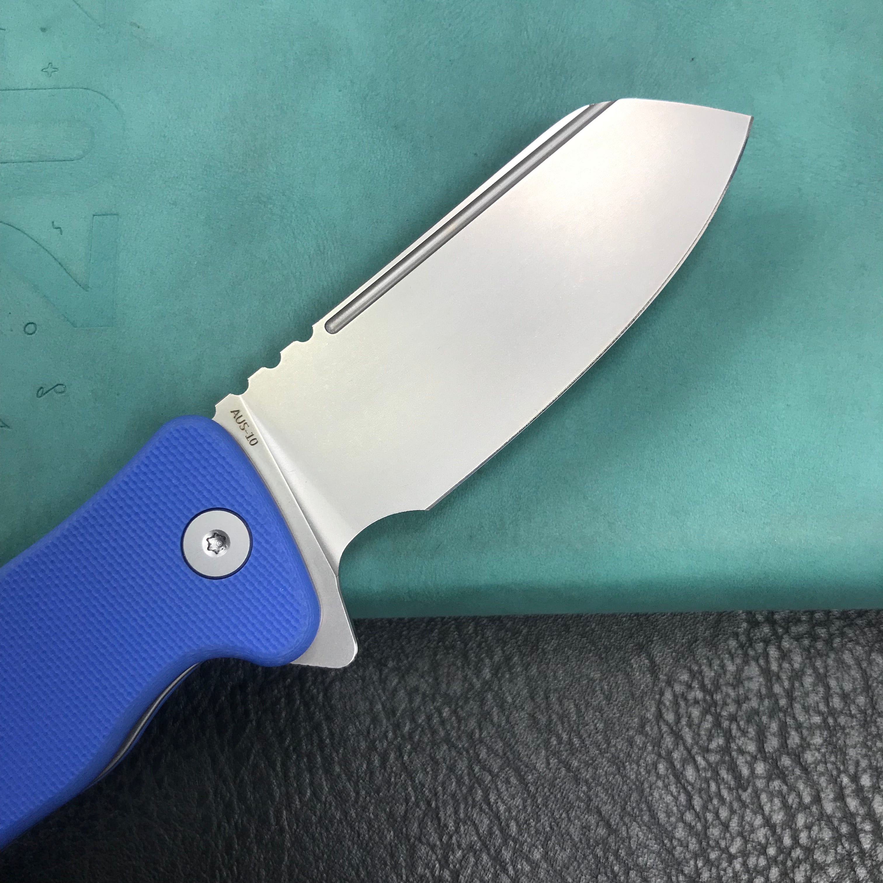 KUBEY KU336C Flipper And Button Lock Knife blue G10 Handle Blasted Stonewashed AUS-10