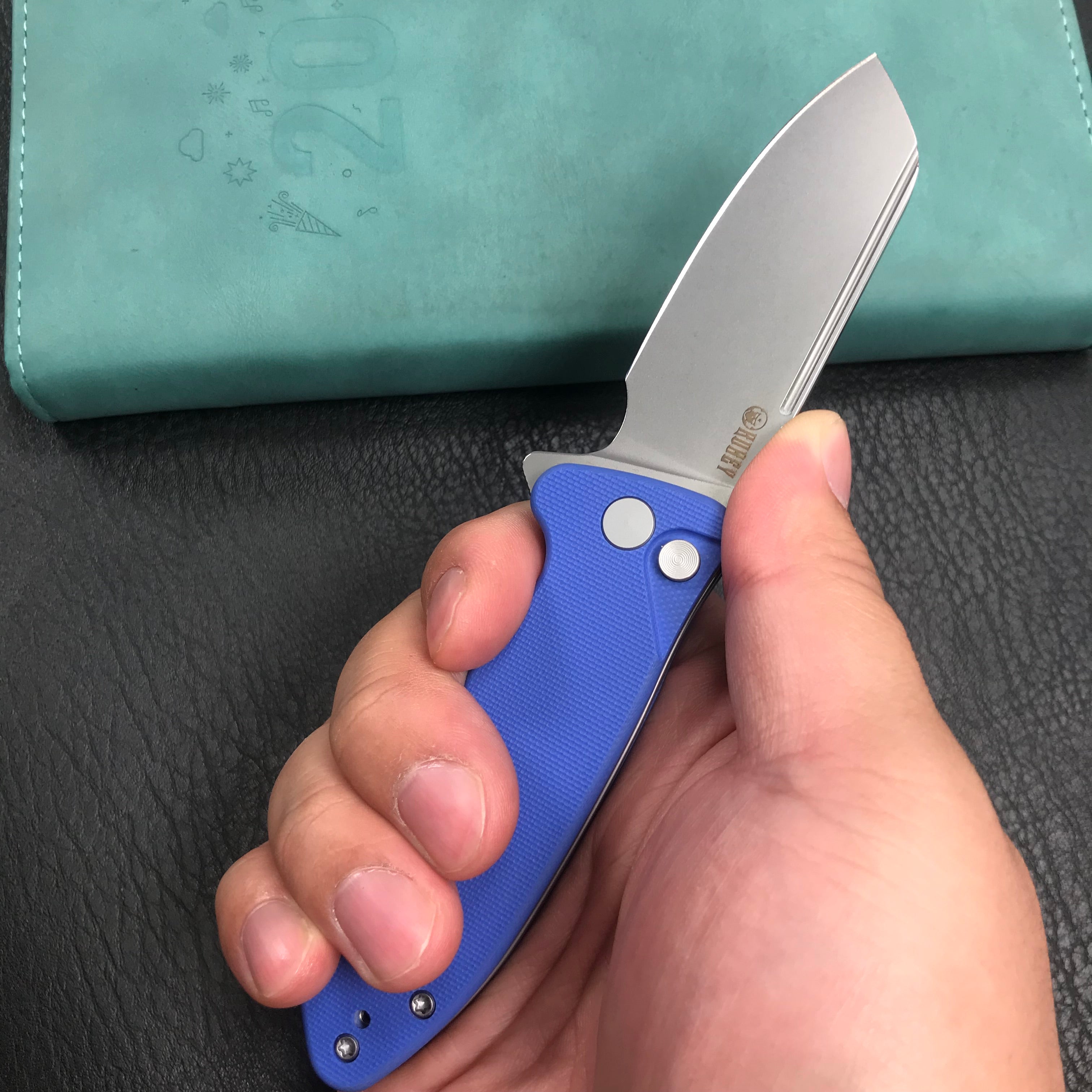 KUBEY KU336C Flipper And Button Lock Knife blue G10 Handle Blasted Stonewashed AUS-10